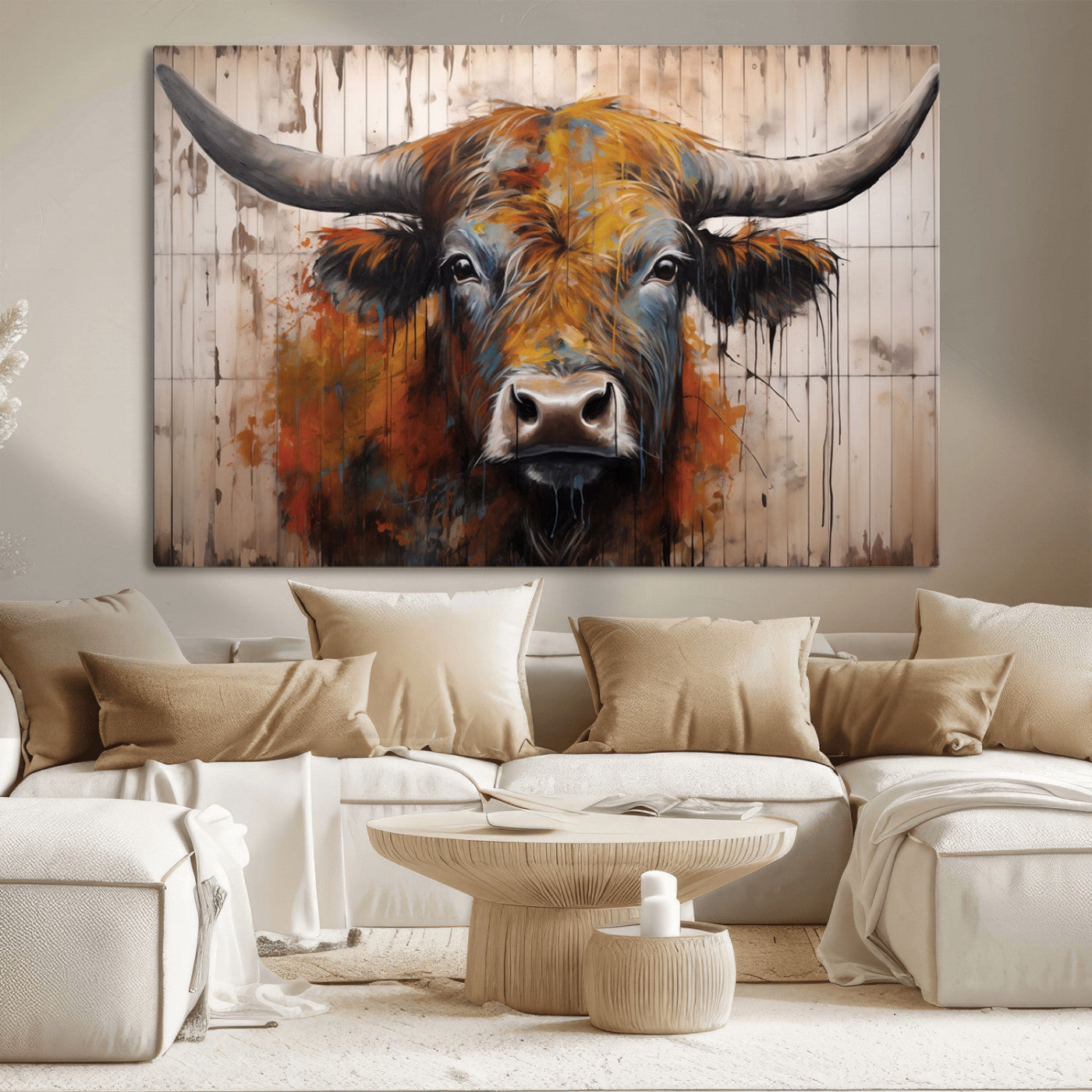 Scottish Highland Cow Cattle Art Print on Wood Style