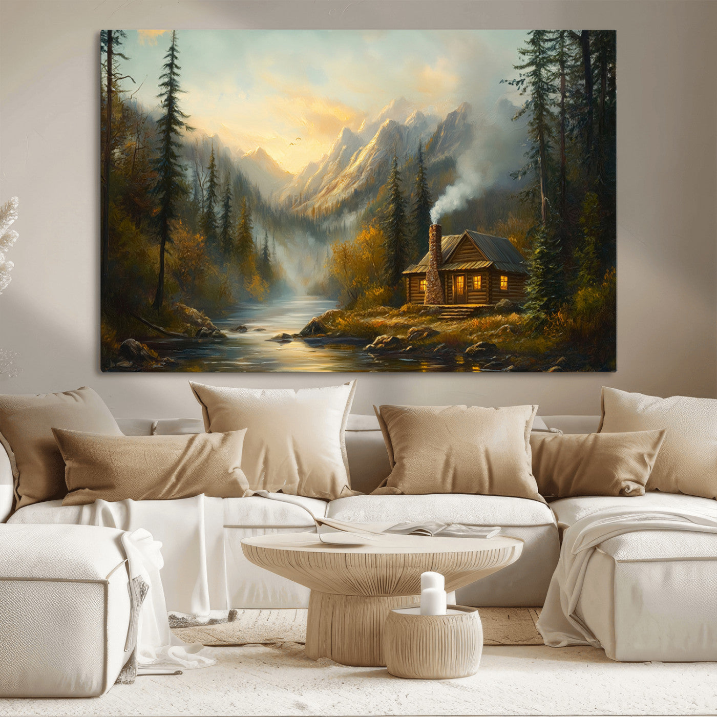 Wood Cabin Retreat Mountain at Sunset Wall Art Print -