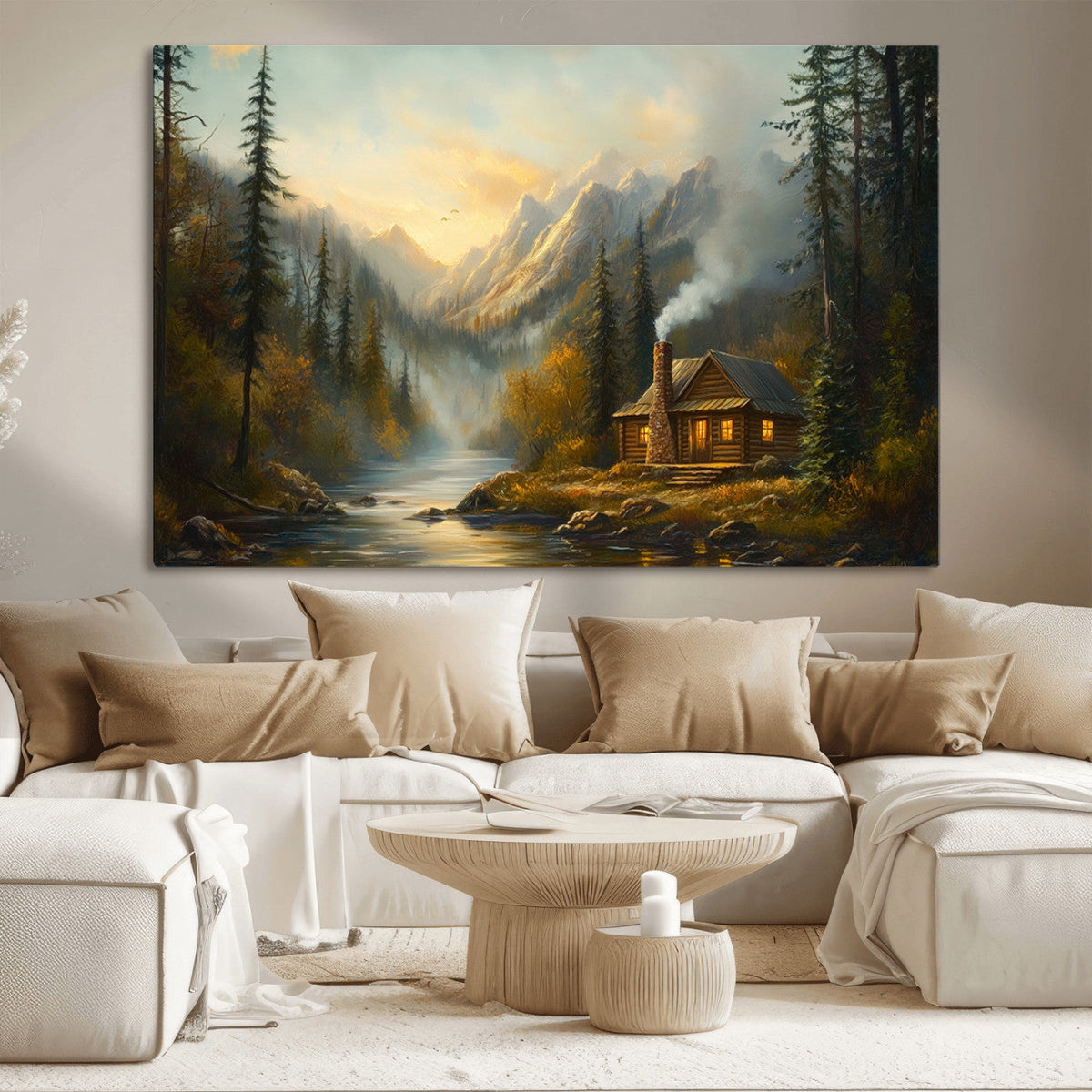 Wood Cabin Retreat Mountain at Sunset Wall Art Print -