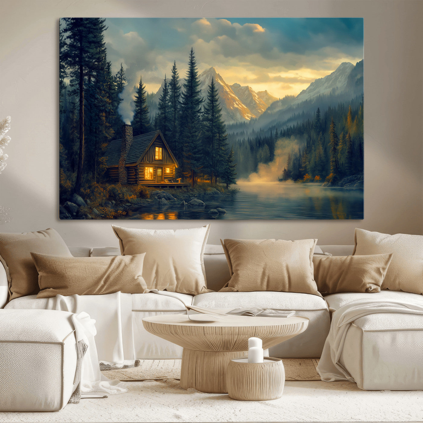 Mountain Cabin by the Lake at Sunset Wall Art - Serene