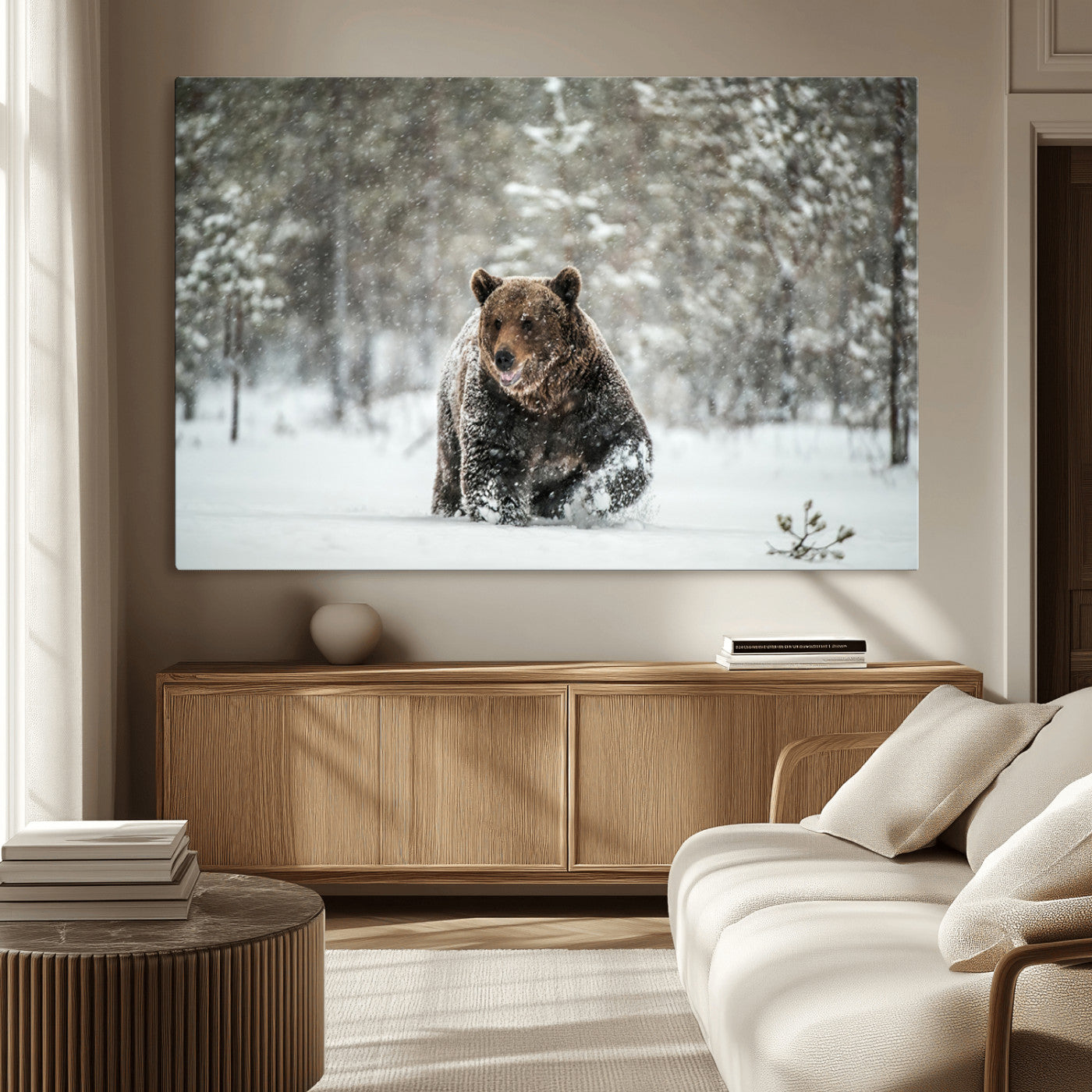 Grizzly Bear Wall Art – Framed Snowy Forest Canvas Artwork,