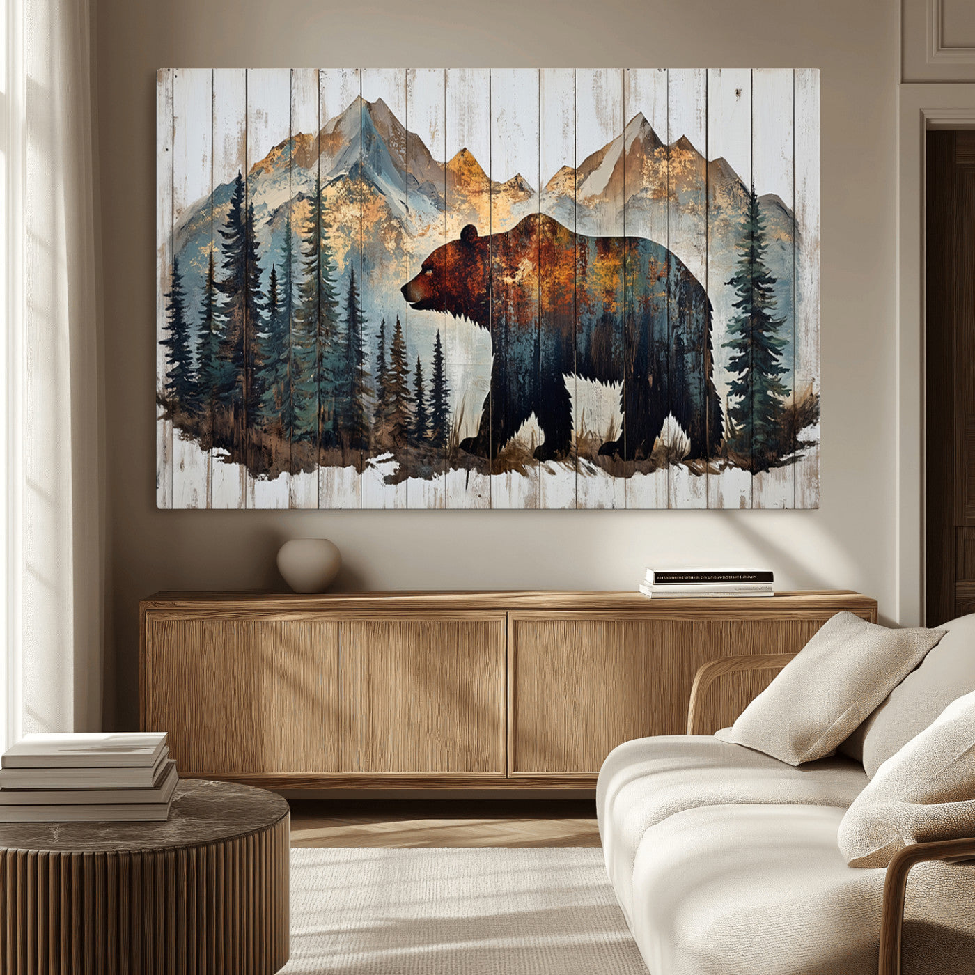 Rustic Grizzly 399 Bear and Mountain Wood Canvas Wall Art -