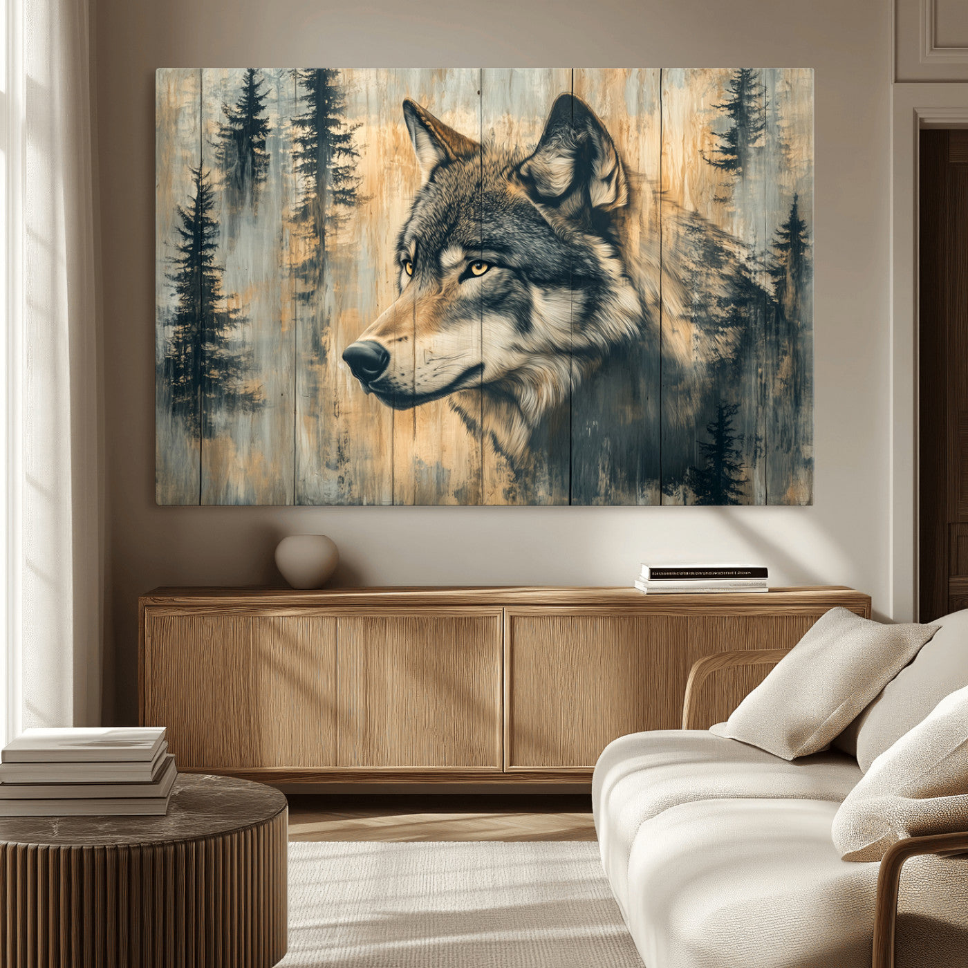 Wood Style Rustic Wolf Wall Art Canvas Print, Vintage