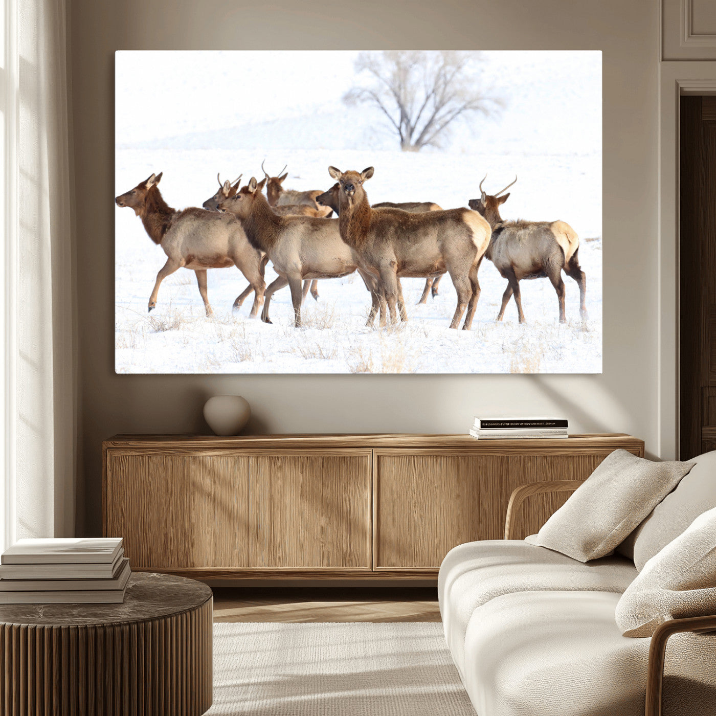 Snowy Elk Herd Wall Art Canvas Print – Majestic Winter