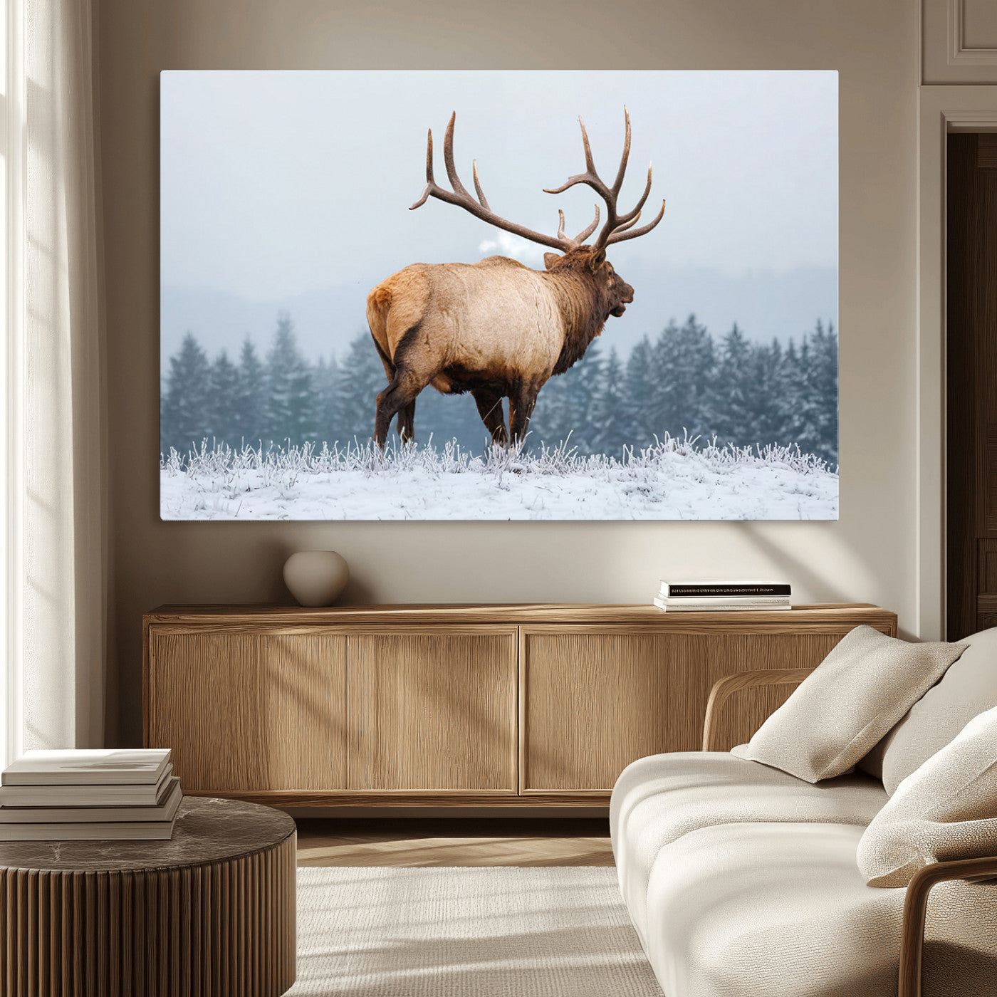 Majestic Elk Snowy Forest Wall Art Canvas Print – Winter