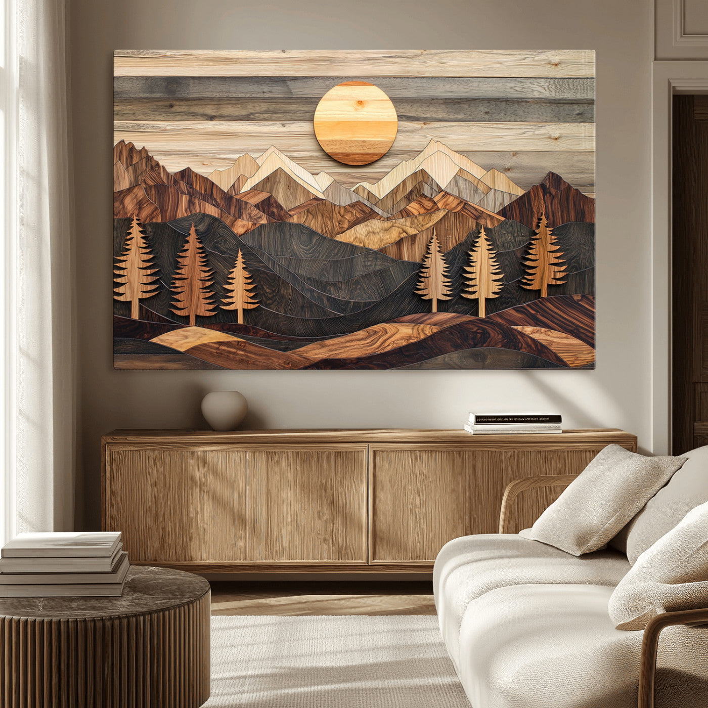 Wooden Mountain Layers Art – Rustic Pine Tree Landscape