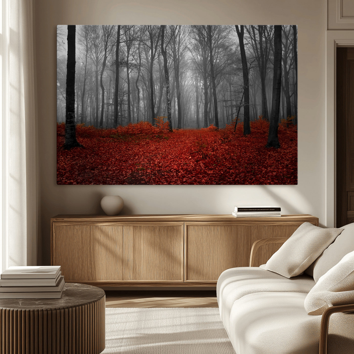 Red Forest Floor Canvas Wall Art – Mystical Foggy Woodland