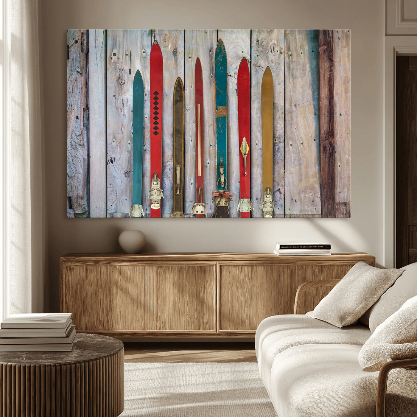 Vintage Wooden Weathered Ski's in Front of an Old Barn Wall