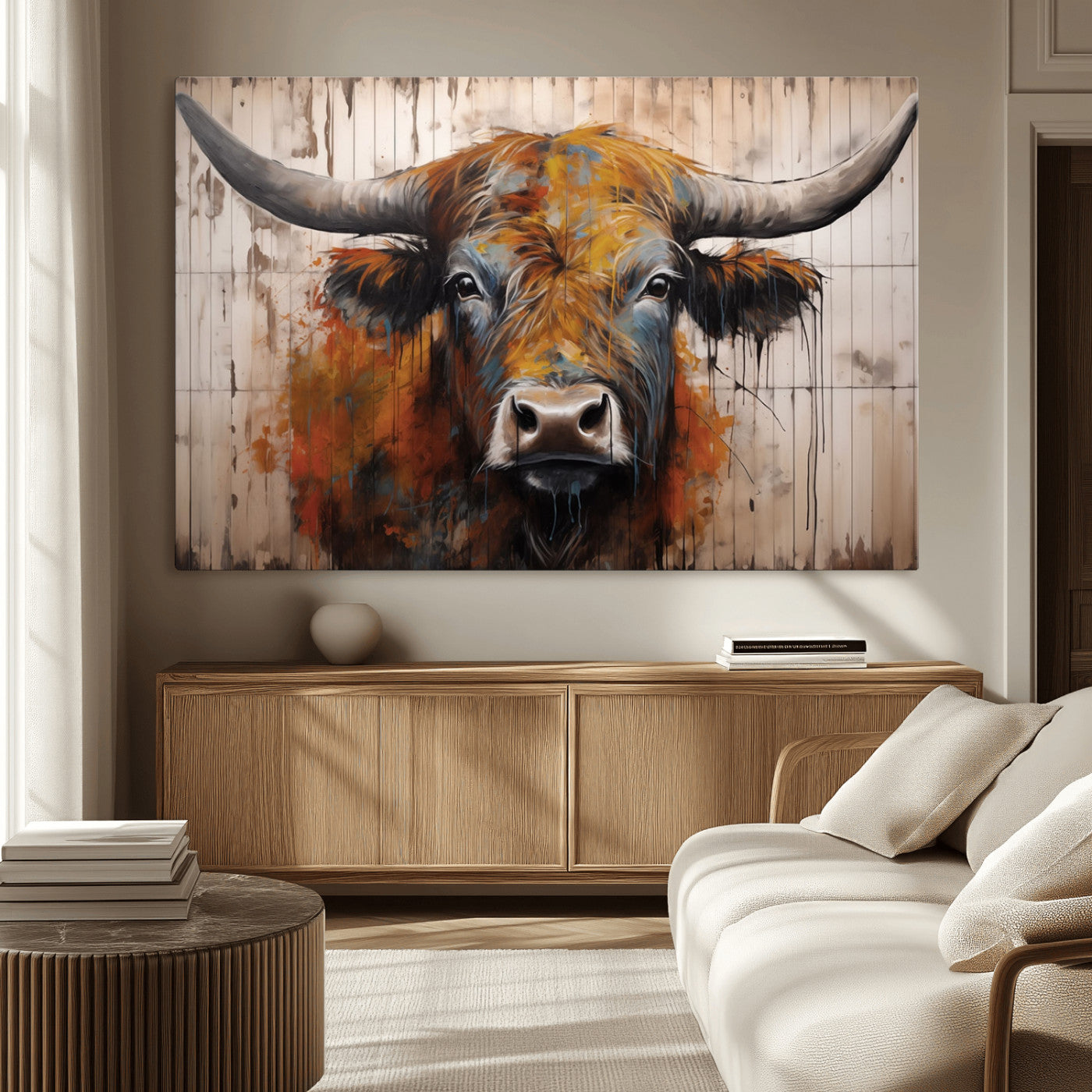 Scottish Highland Cow Cattle Art Print on Wood Style