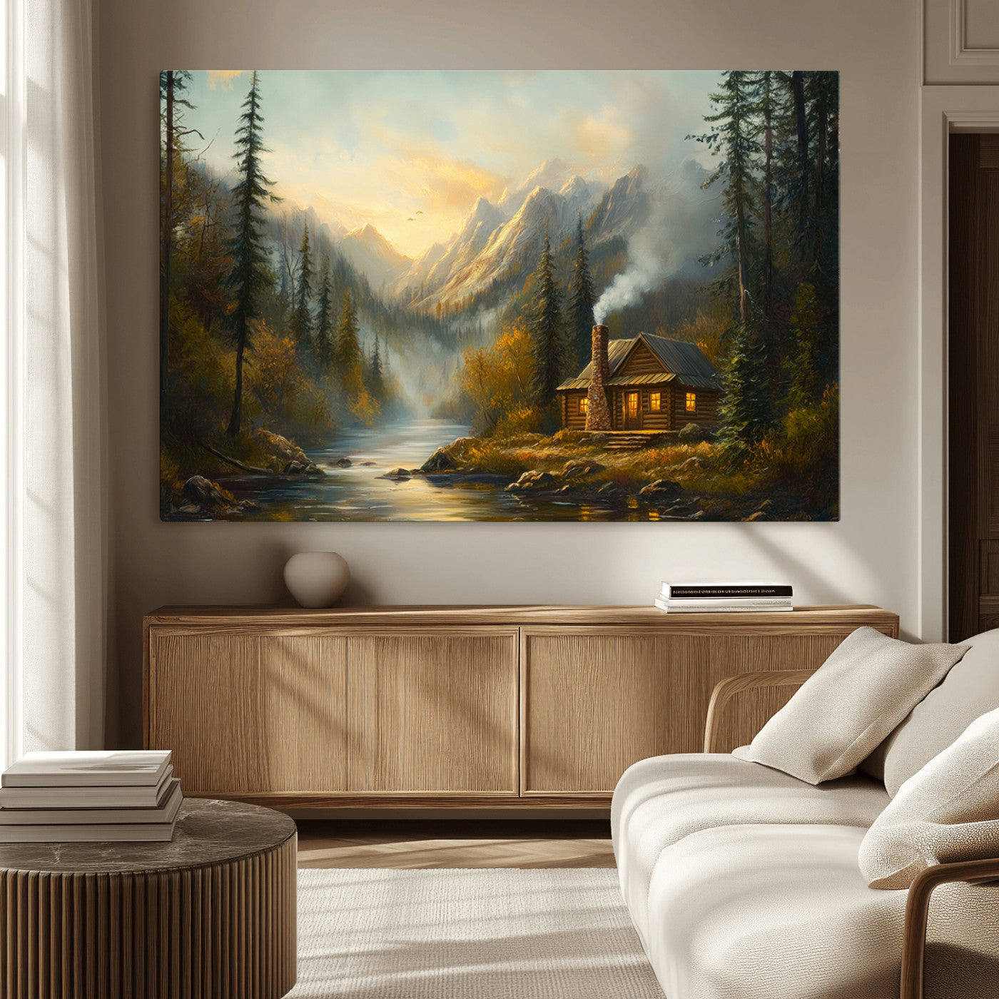 Wood Cabin Retreat Mountain at Sunset Wall Art Print -