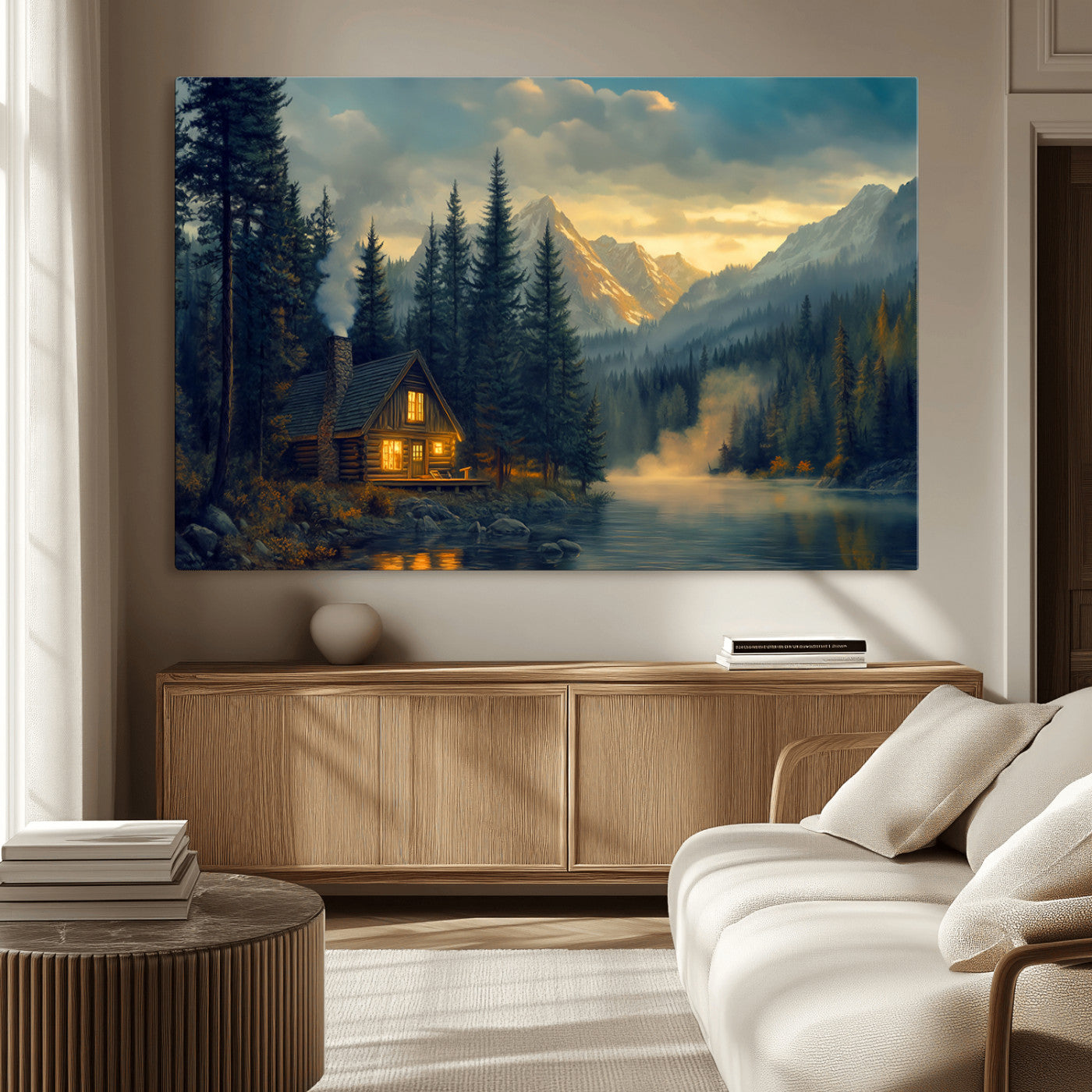 Mountain Cabin by the Lake at Sunset Wall Art - Serene