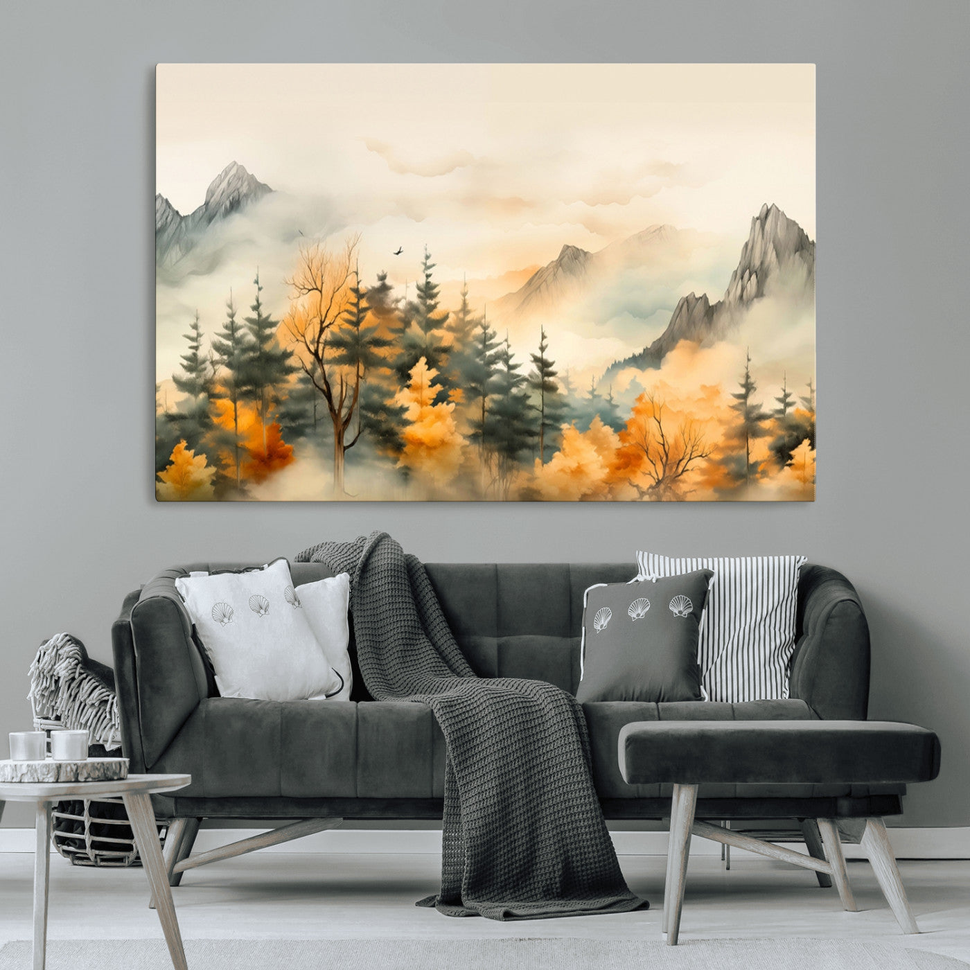 Abstract Watercolor Mountains and Trees Autumn Art,