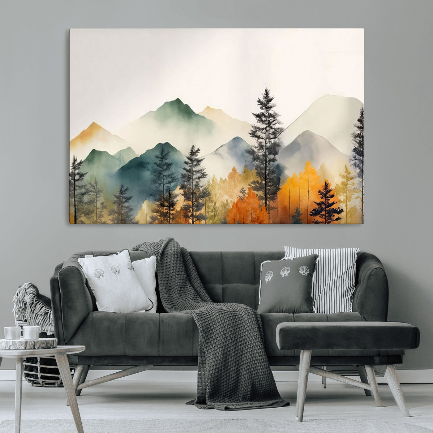 Abstract Watercolor Mountains and Trees Autumn Wall Art,