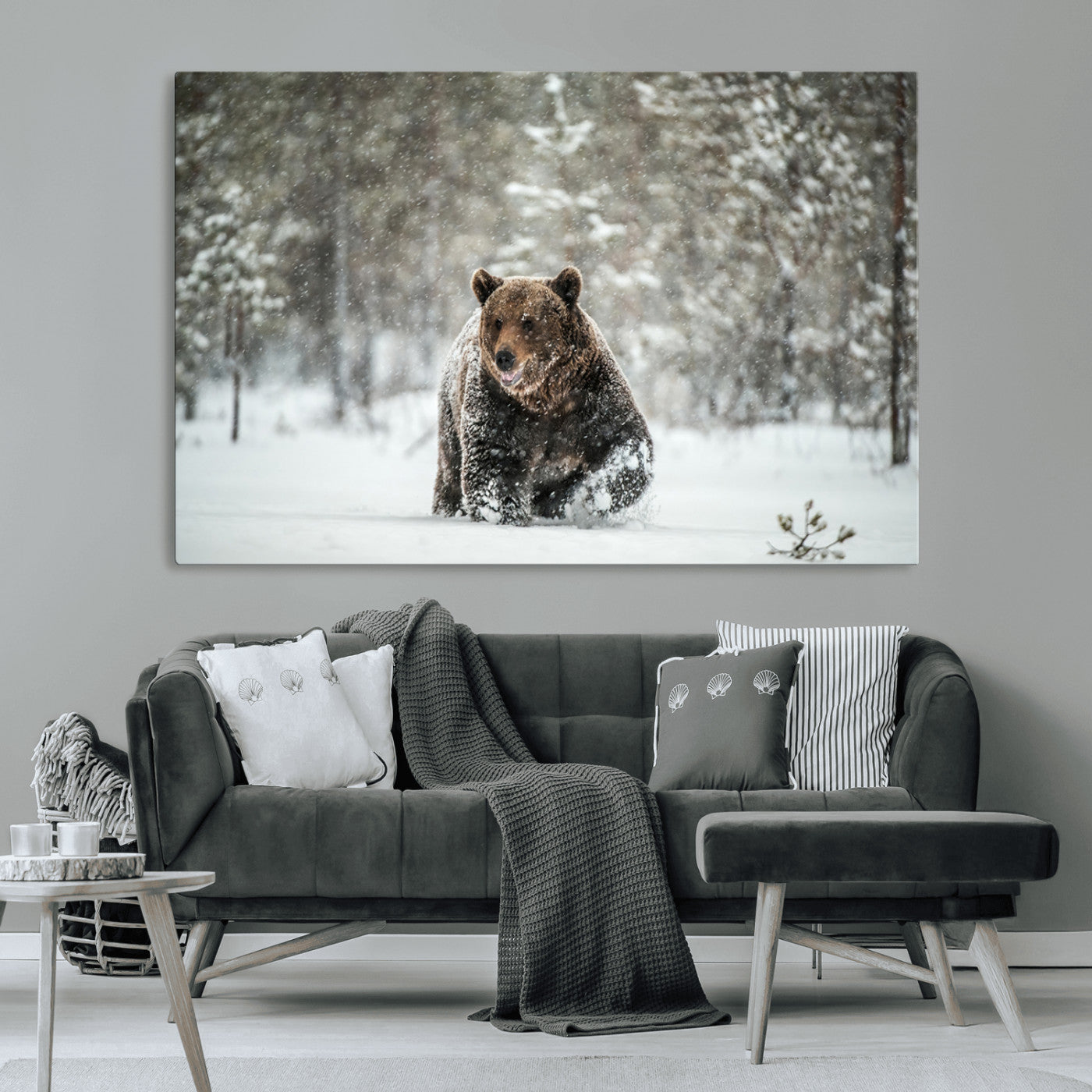 Grizzly Bear Wall Art – Framed Snowy Forest Canvas Artwork,