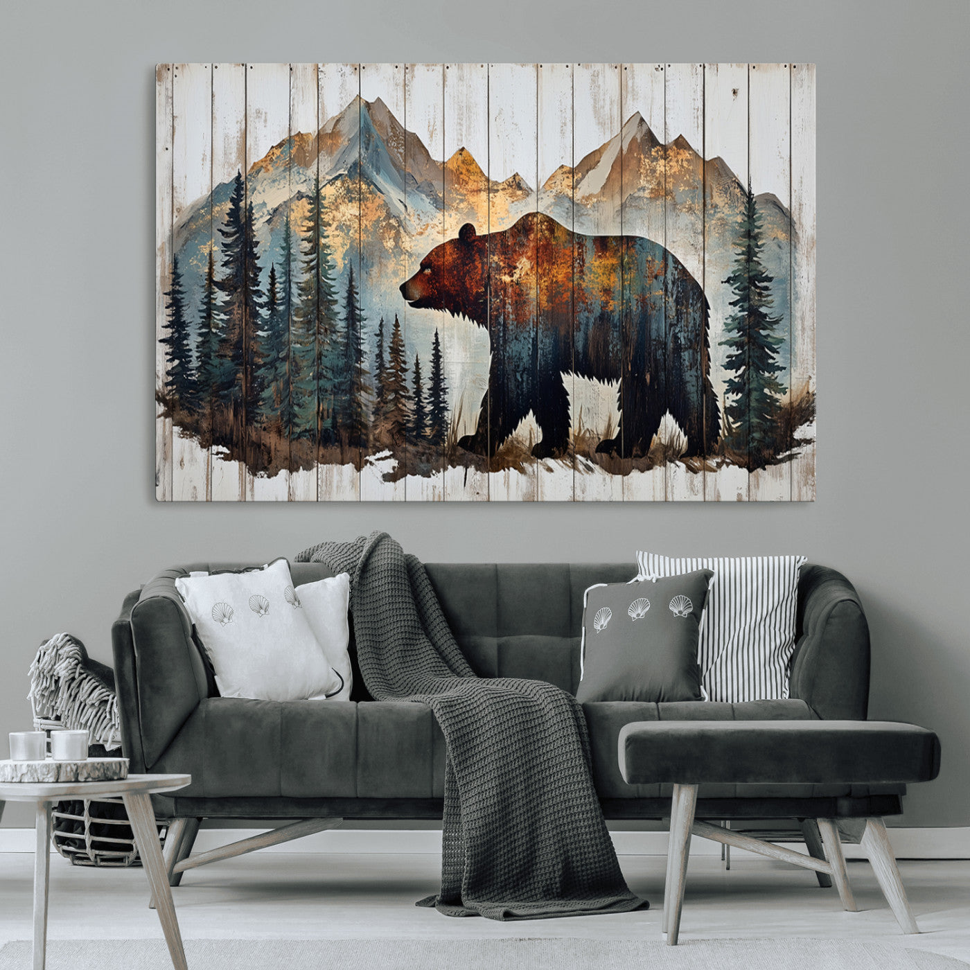 Rustic Grizzly 399 Bear and Mountain Wood Canvas Wall Art -