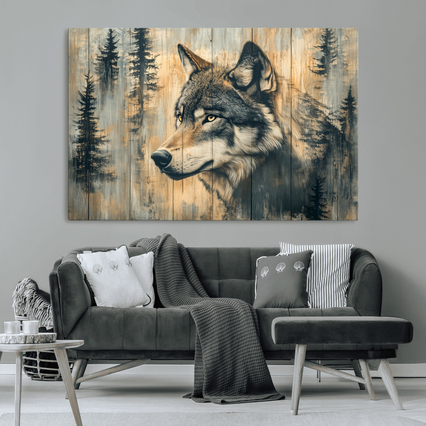 Wood Style Rustic Wolf Wall Art Canvas Print, Vintage