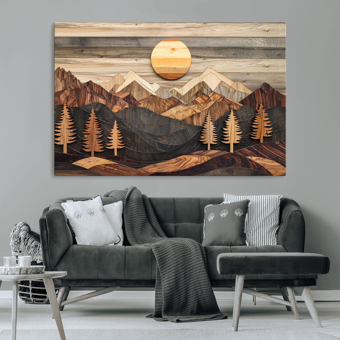 Wooden Mountain Layers Art – Rustic Pine Tree Landscape