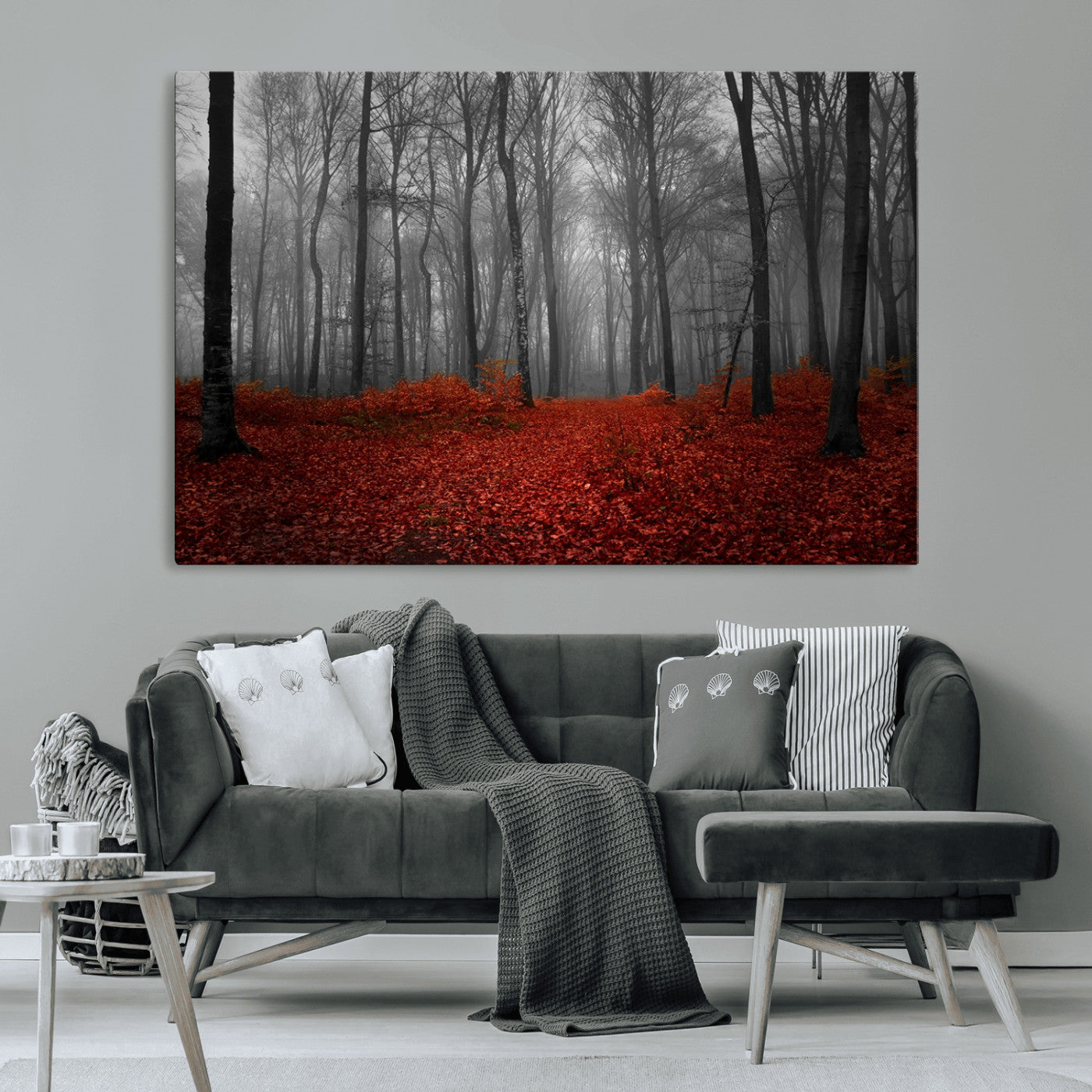 Red Forest Floor Canvas Wall Art – Mystical Foggy Woodland