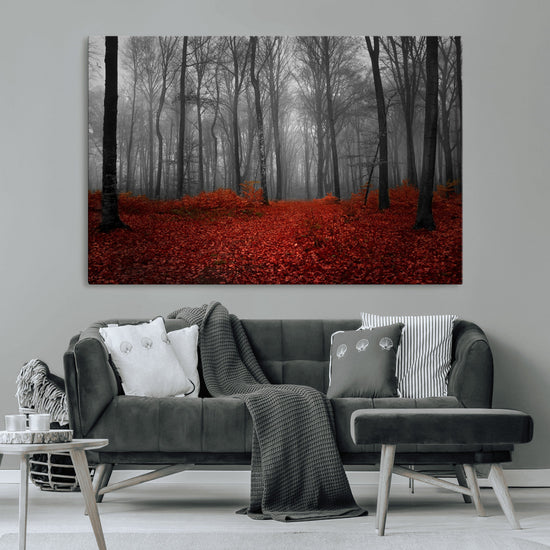 Red Forest Floor Canvas Wall Art – Mystical Foggy Woodland
