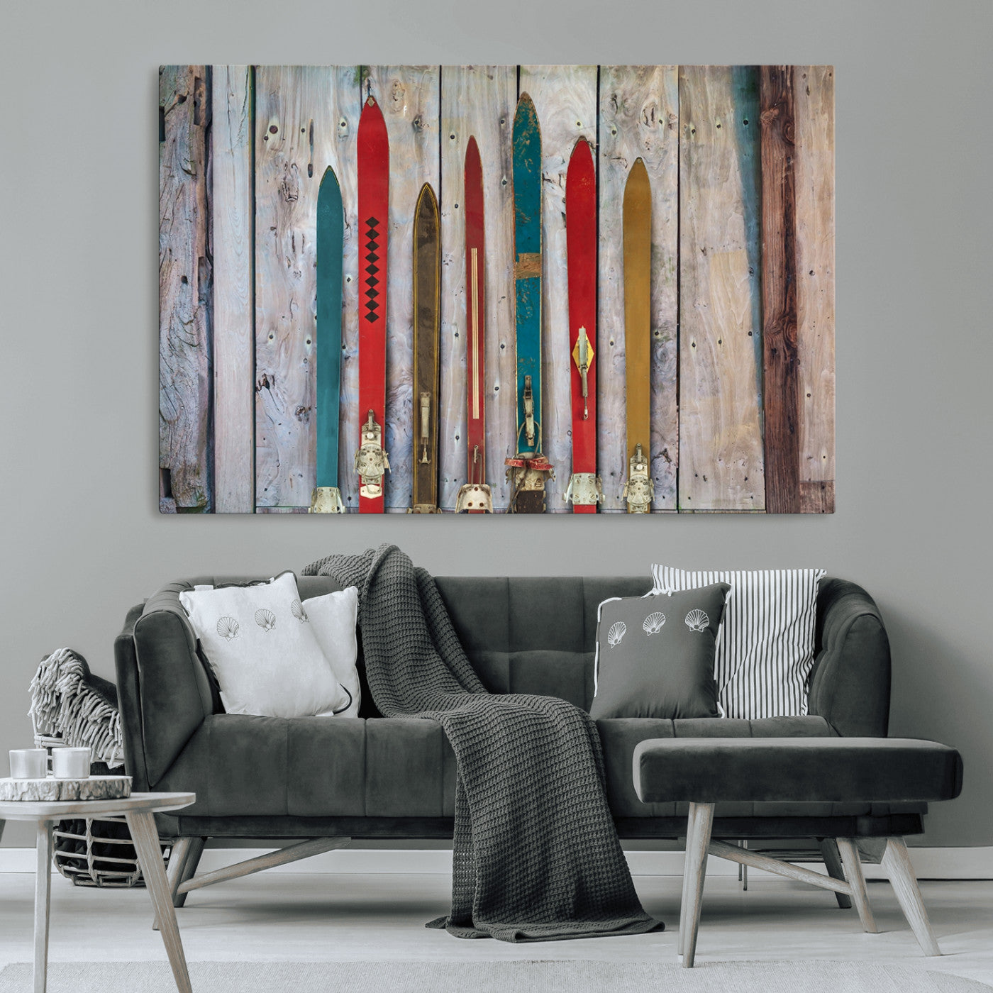 Vintage Wooden Weathered Ski's in Front of an Old Barn Wall