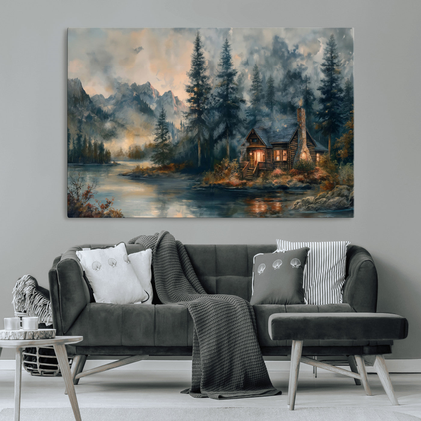 Rustic Cabin Woods Wall Art Print | Lake in a Forest Canvas