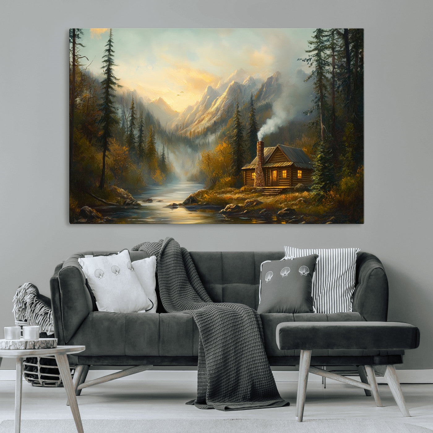 Wood Cabin Retreat Mountain at Sunset Wall Art Print -