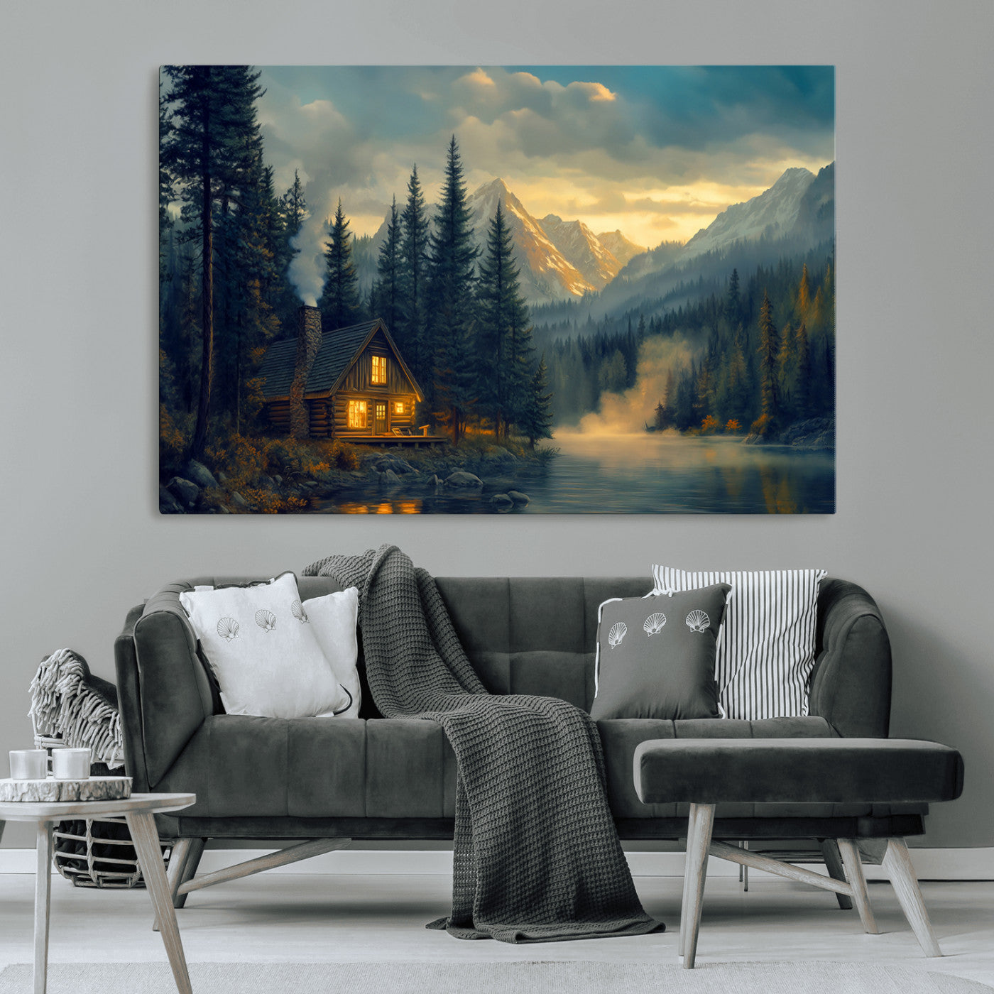 Mountain Cabin by the Lake at Sunset Wall Art - Serene