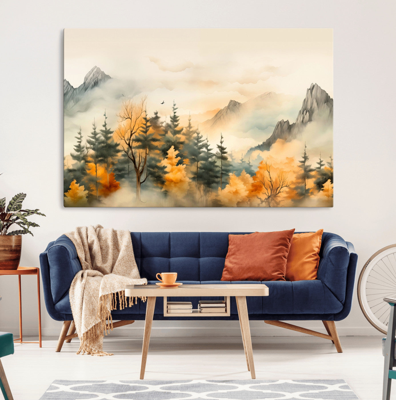 Abstract Watercolor Mountains and Trees Autumn Art,