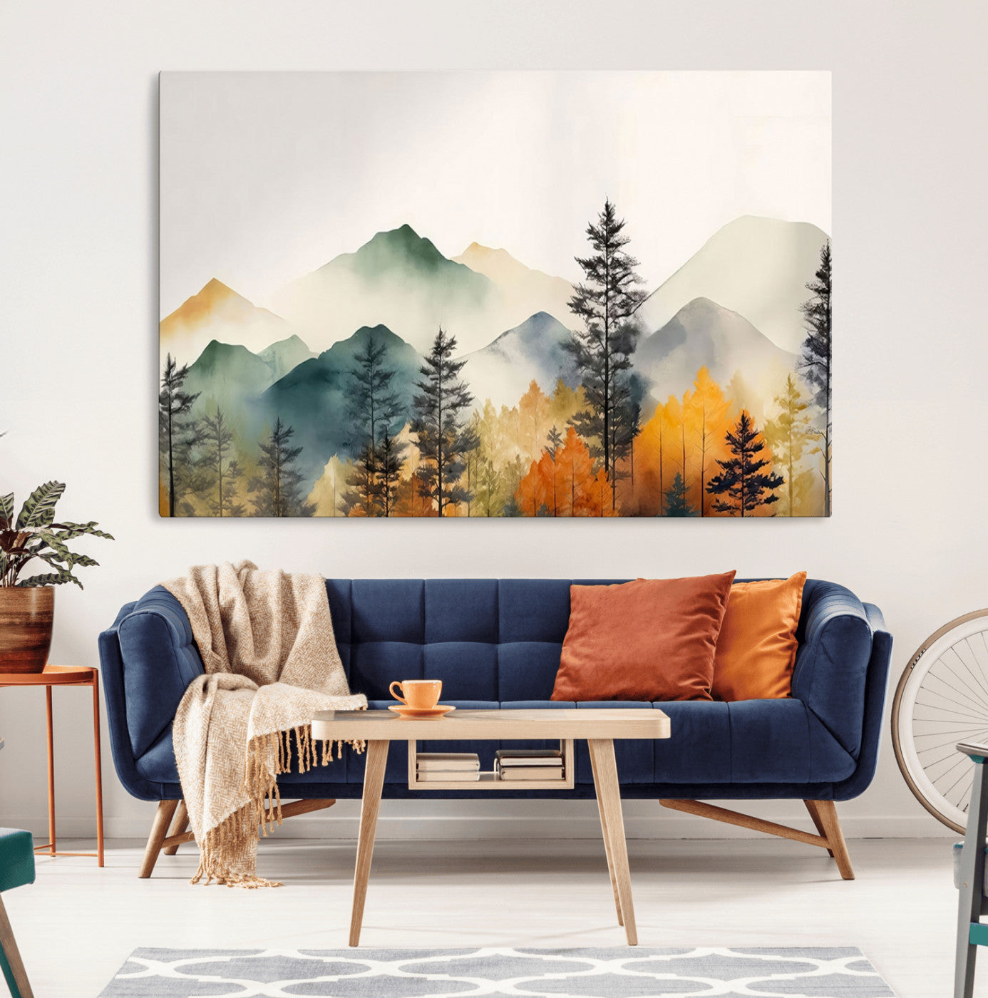 Abstract Watercolor Mountains and Trees Autumn Wall Art,