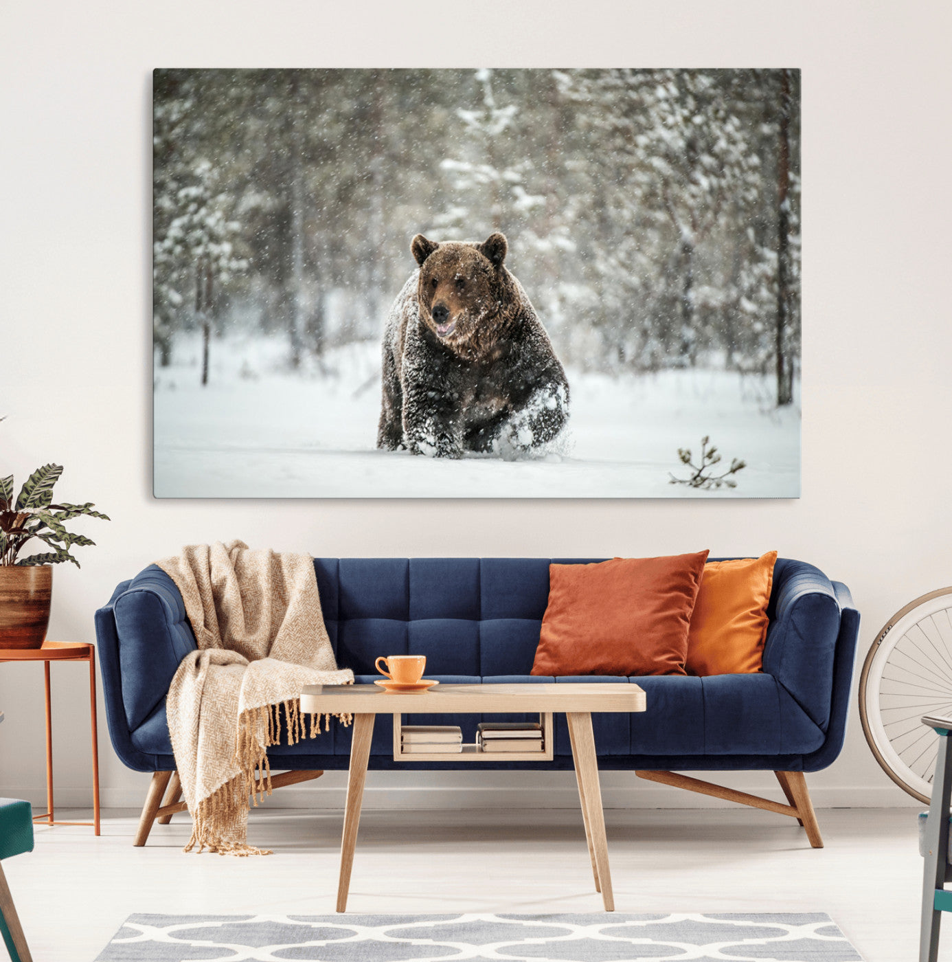 Grizzly Bear Wall Art – Framed Snowy Forest Canvas Artwork,