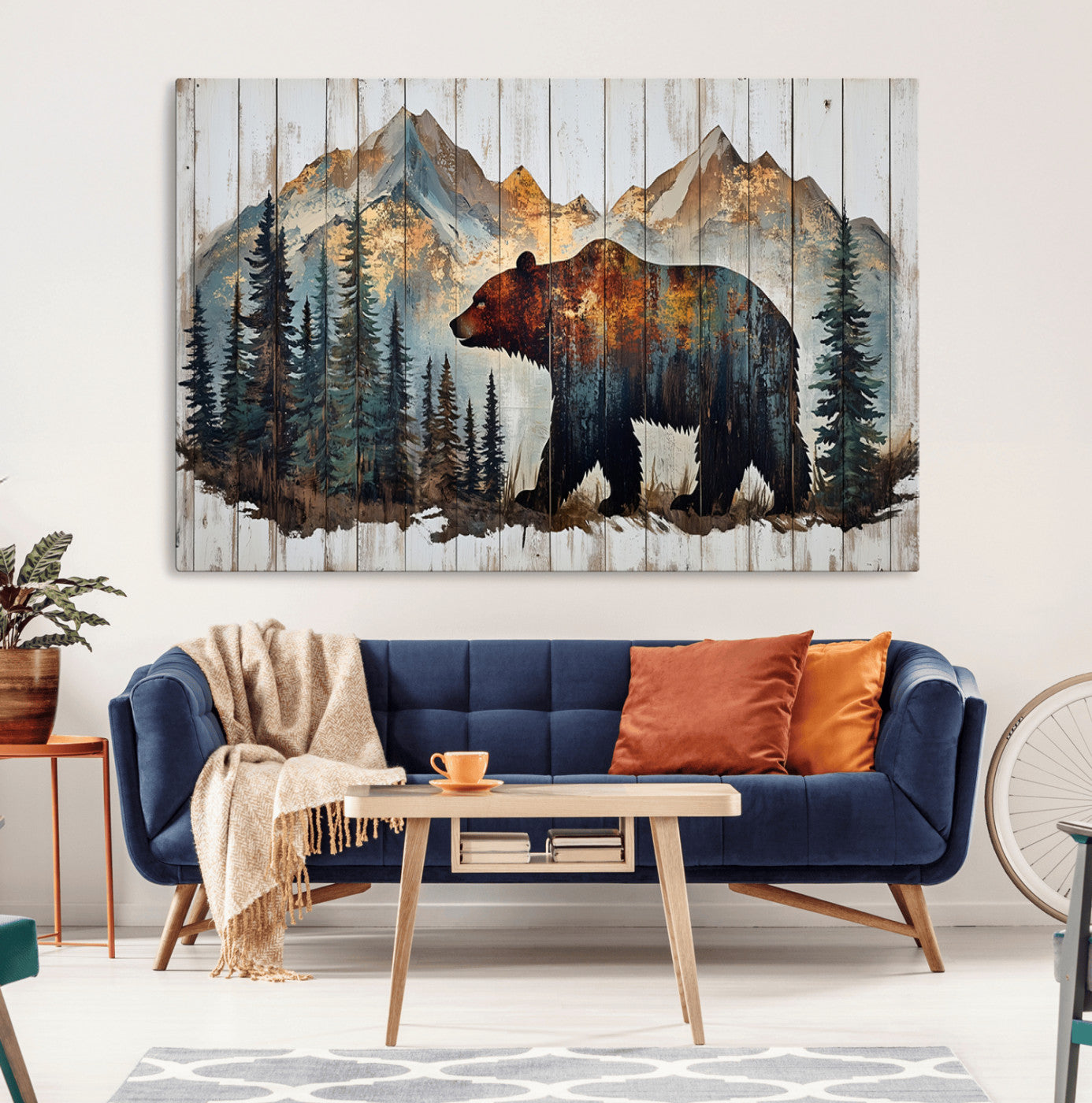 Rustic Grizzly 399 Bear and Mountain Wood Canvas Wall Art -