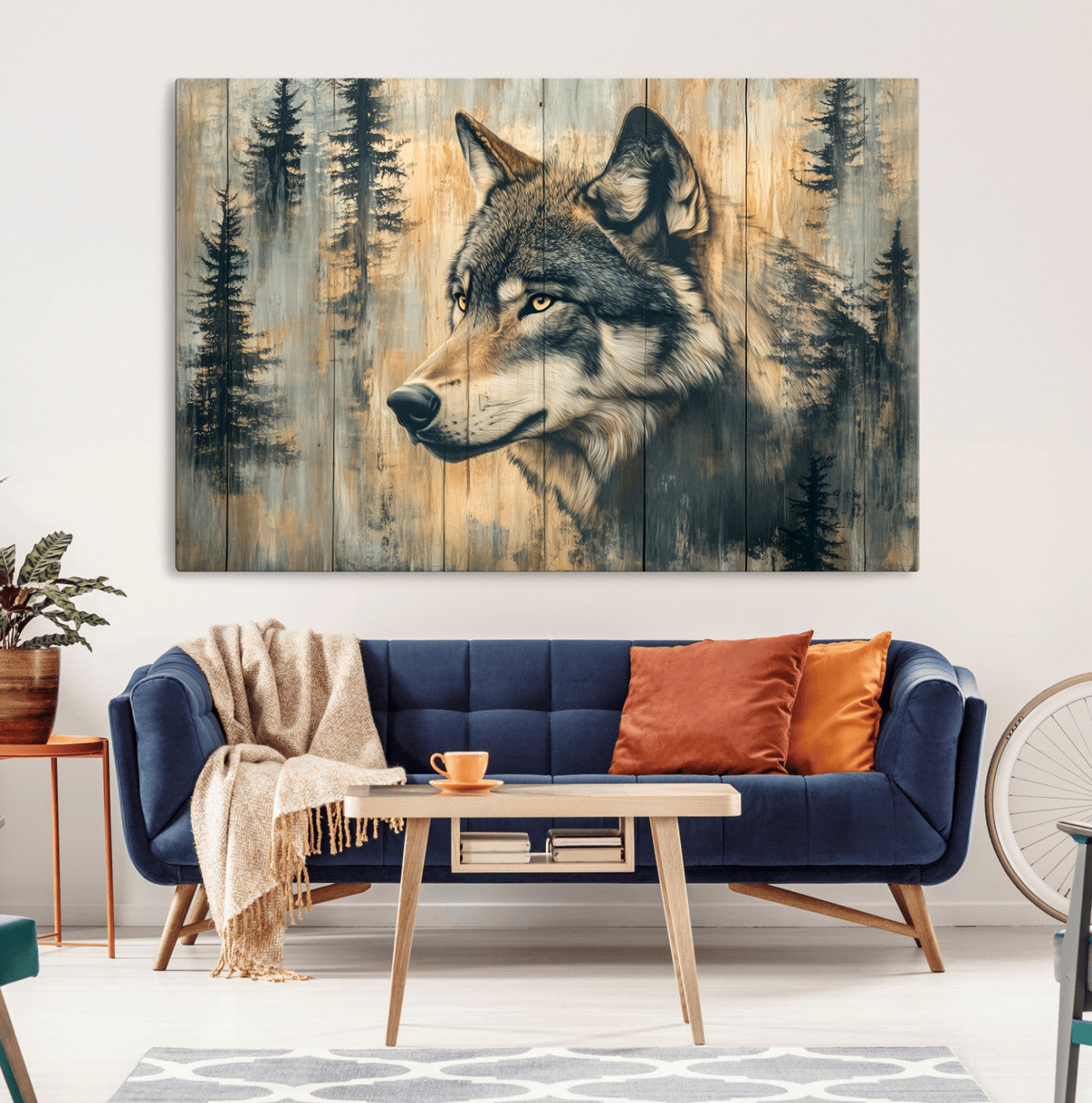Wood Style Rustic Wolf Wall Art Canvas Print, Vintage