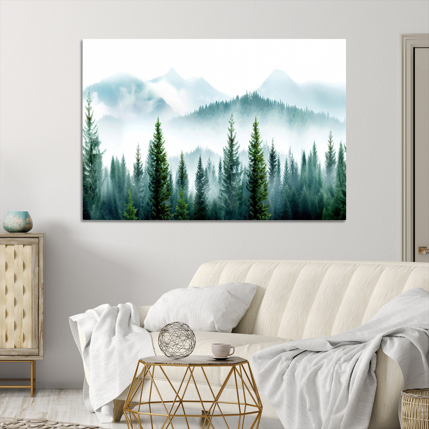 Pine Forest Wall Art Canvas Print – Misty Mountains Foggy