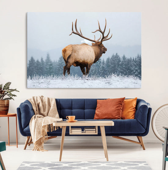 Majestic Elk Snowy Forest Wall Art Canvas Print – Winter