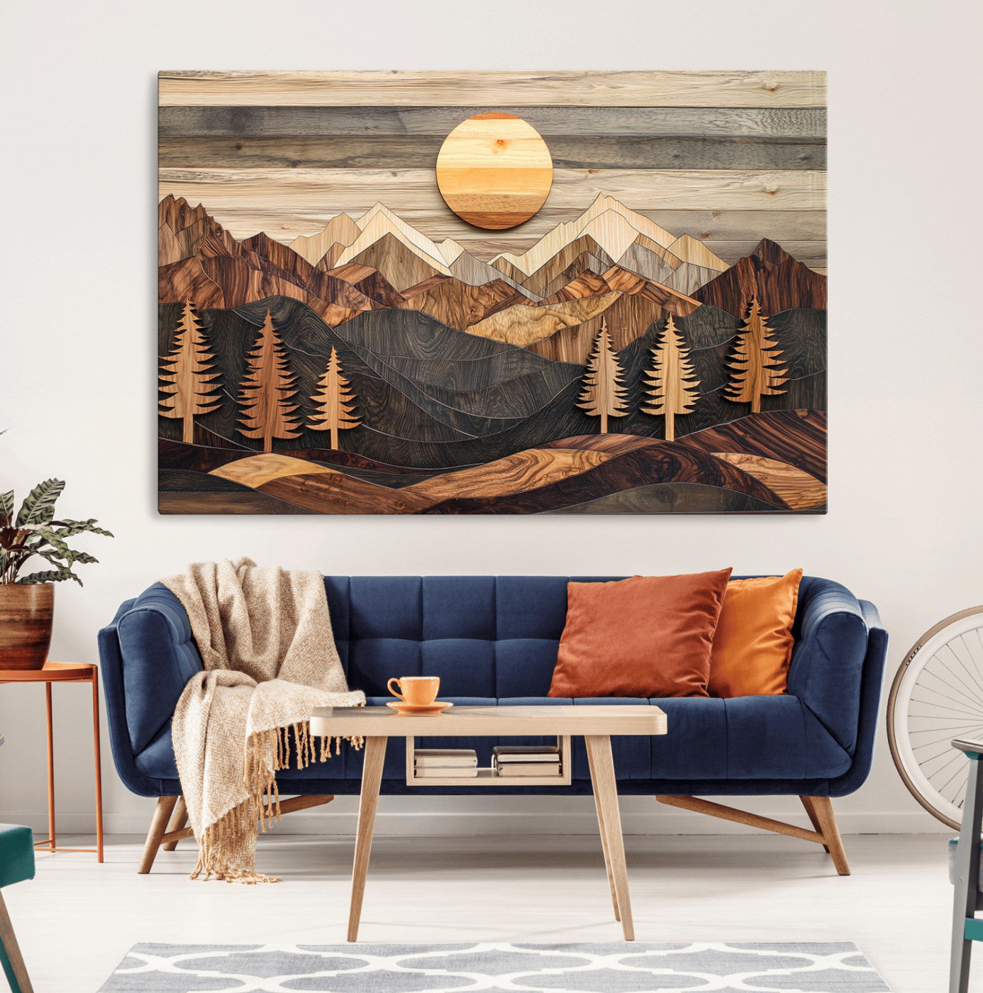 Wooden Mountain Layers Art – Rustic Pine Tree Landscape