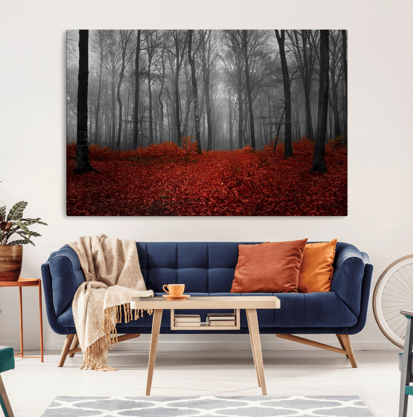 Red Forest Floor Canvas Wall Art – Mystical Foggy Woodland