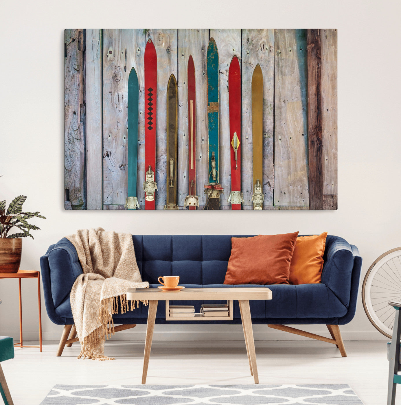 Vintage Wooden Weathered Ski's in Front of an Old Barn Wall