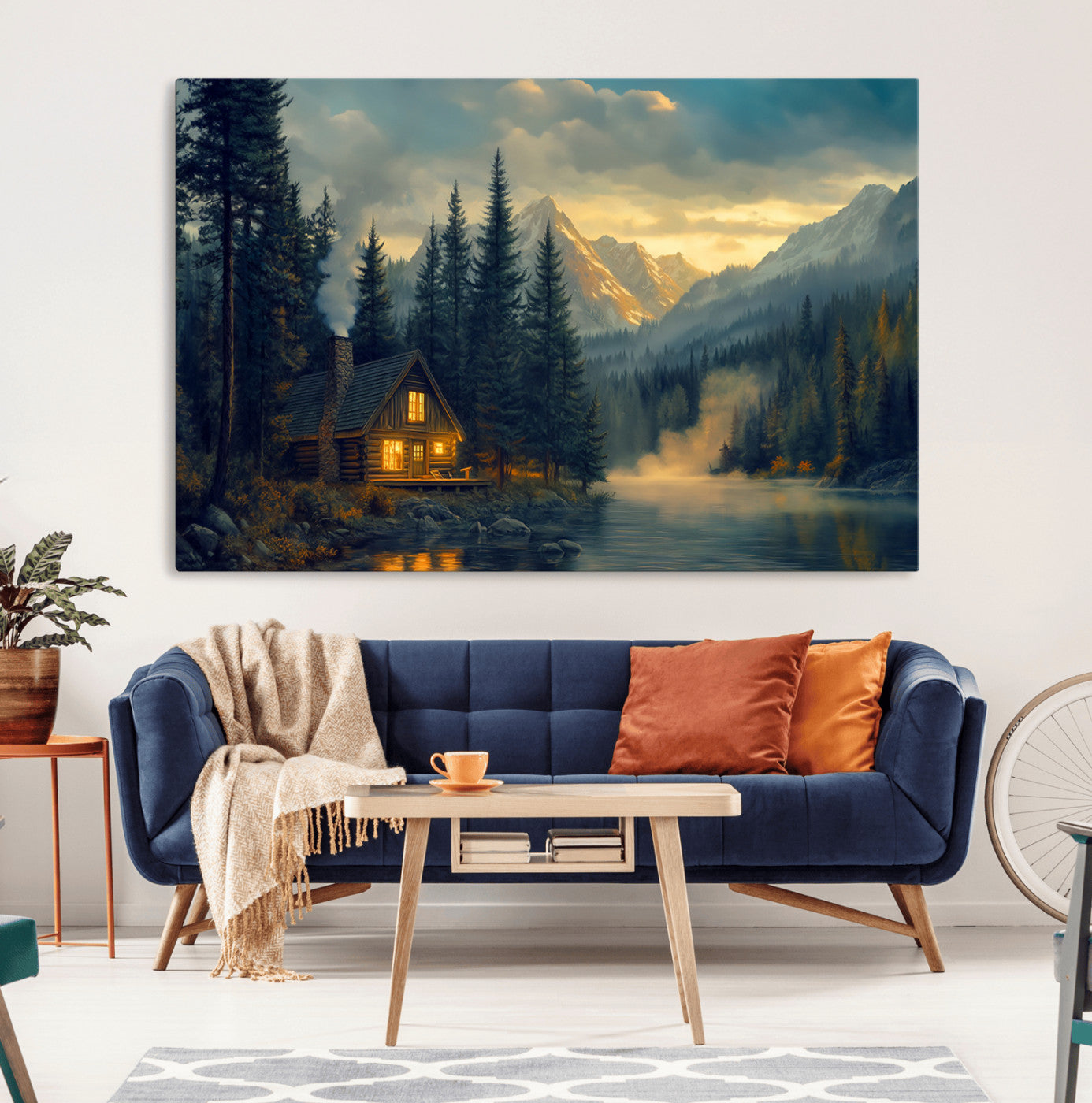 Mountain Cabin by the Lake at Sunset Wall Art - Serene