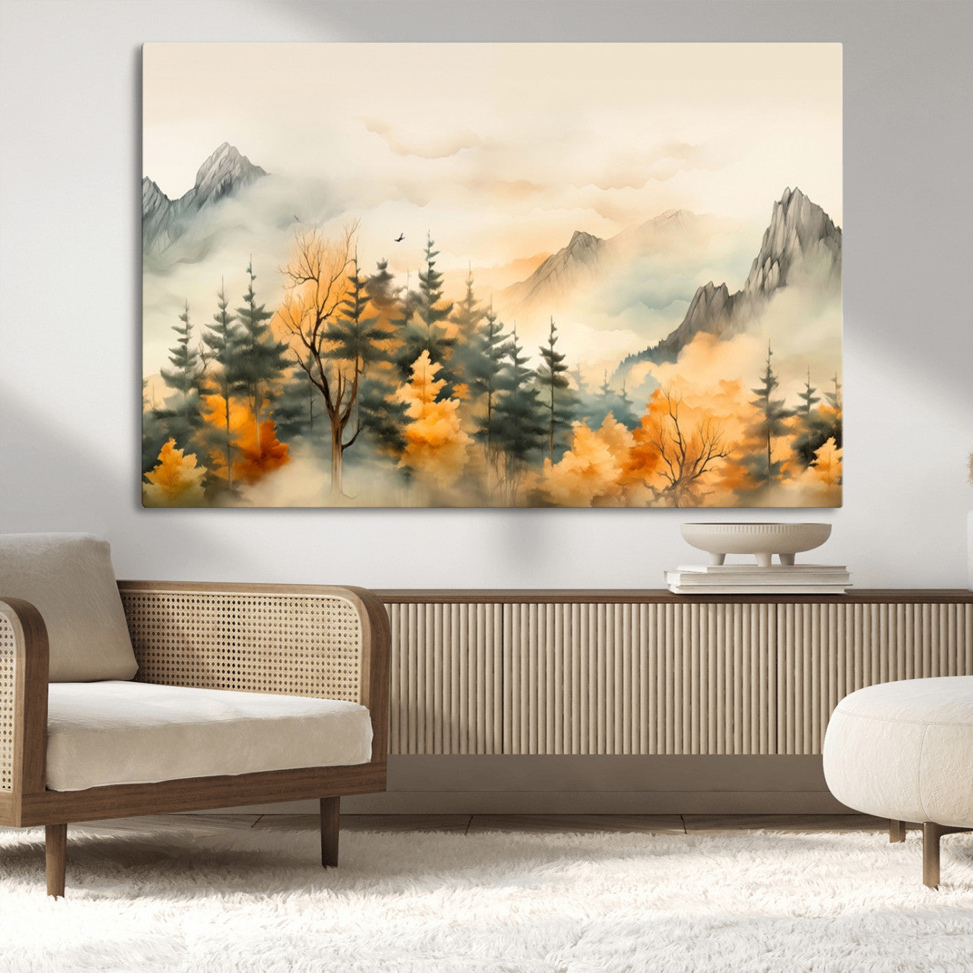 Abstract Watercolor Mountains and Trees Autumn Art,