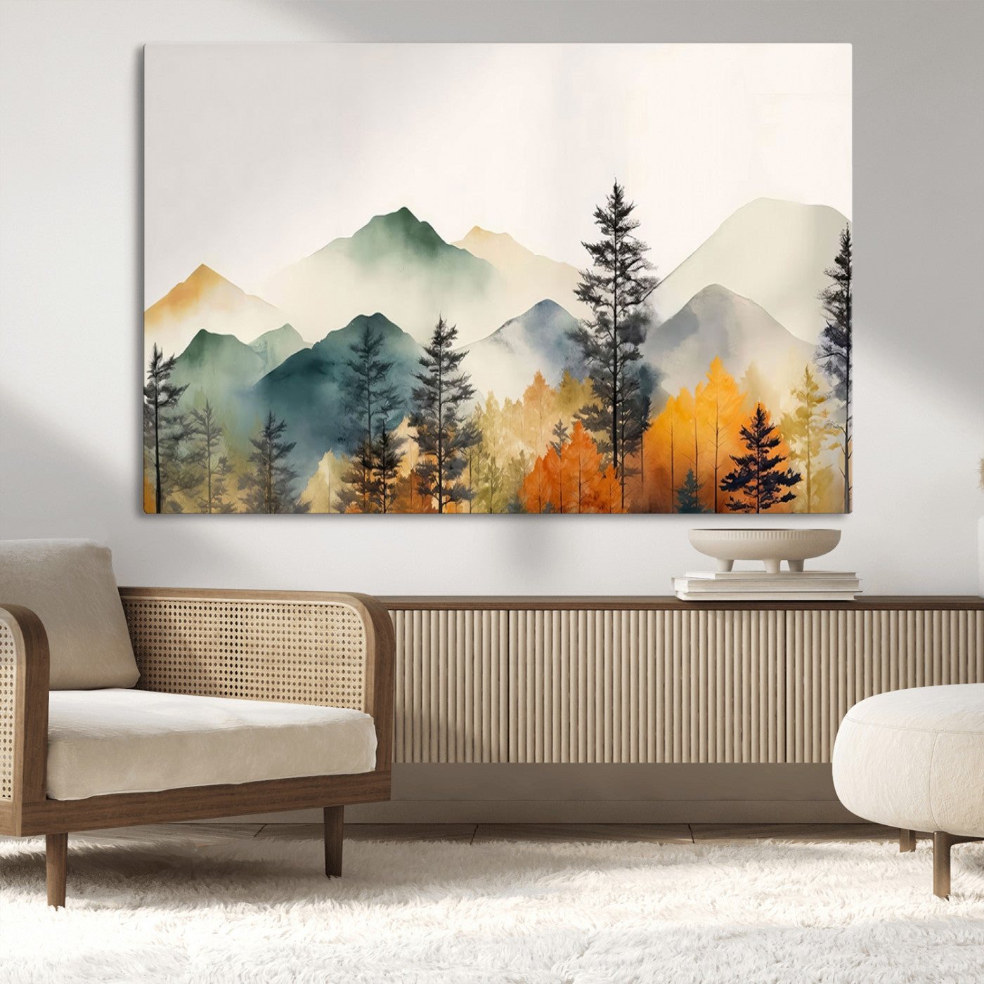Abstract Watercolor Mountains and Trees Autumn Wall Art,