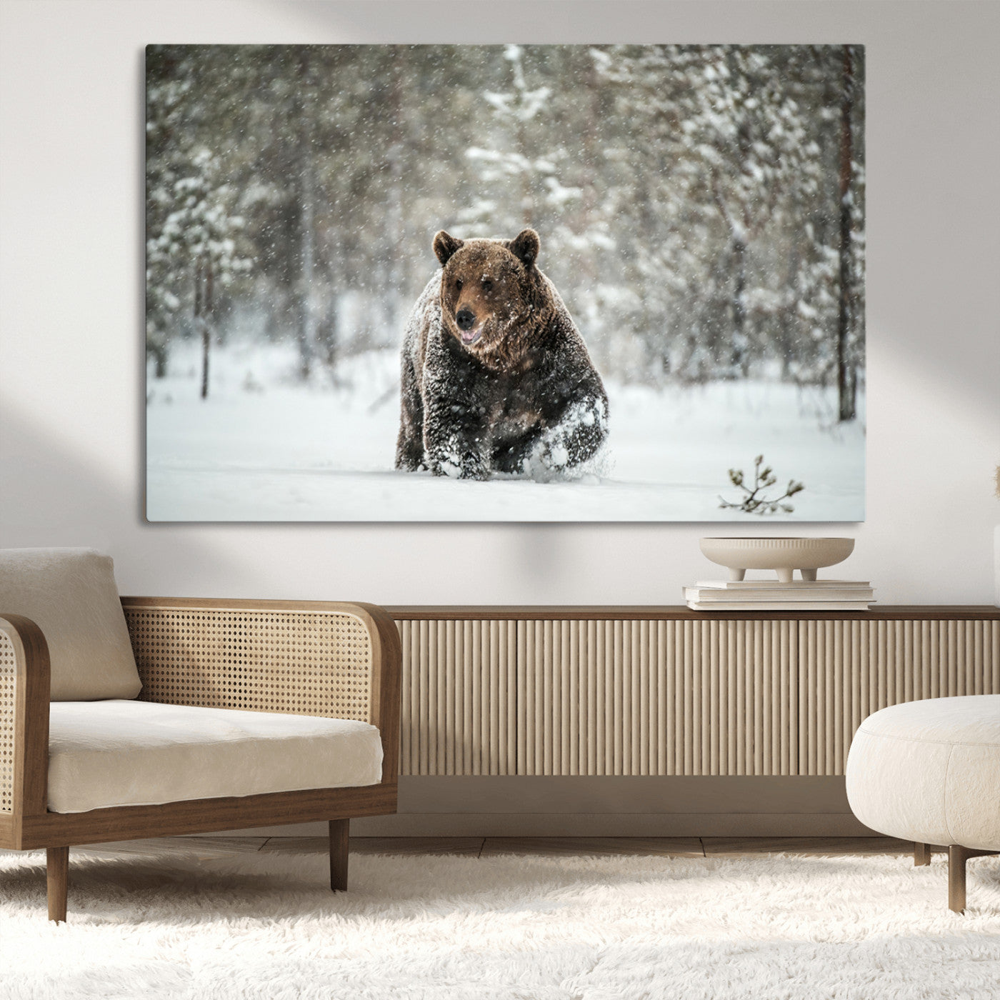 Grizzly Bear Wall Art – Framed Snowy Forest Canvas Artwork,