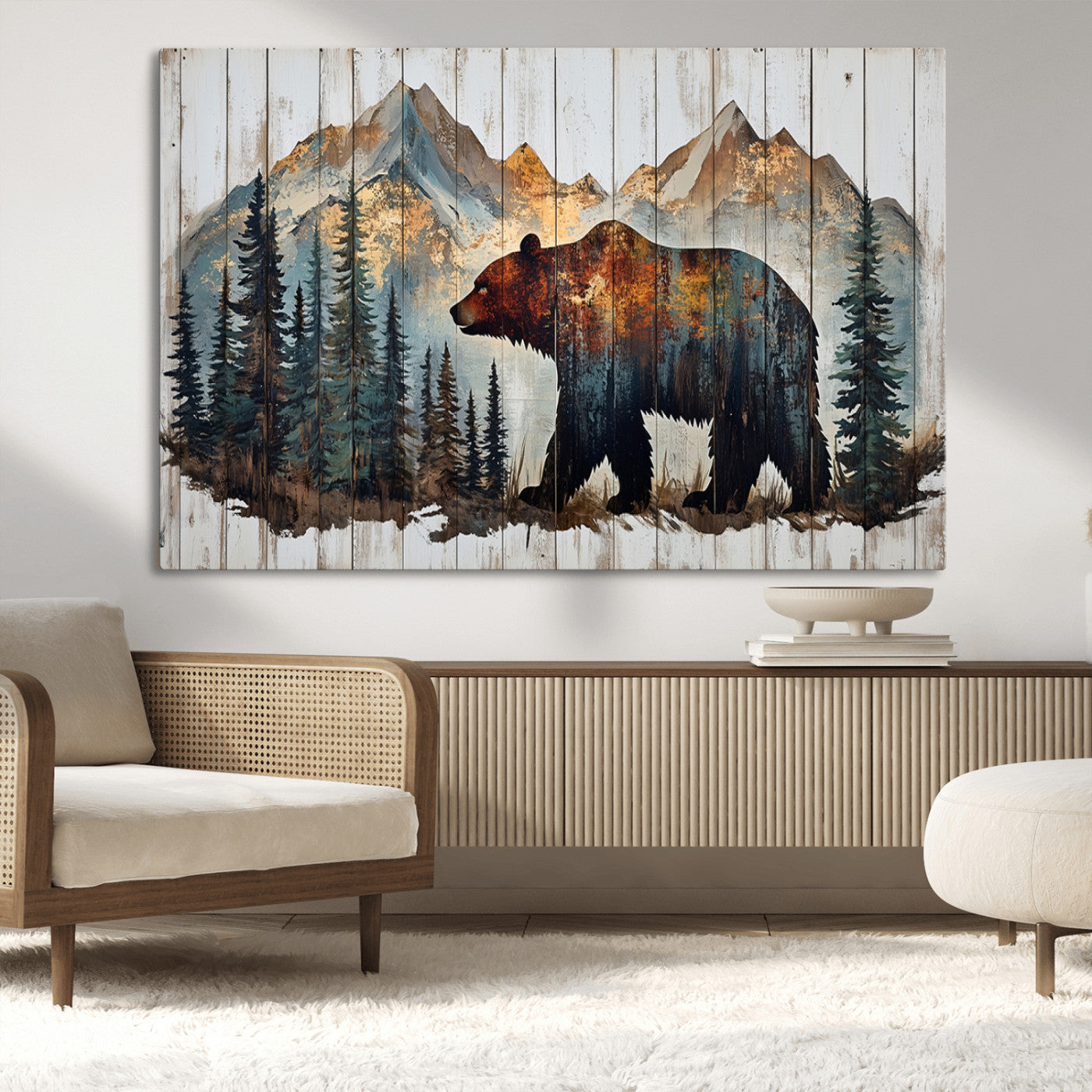 Rustic Grizzly 399 Bear and Mountain Wood Canvas Wall Art -