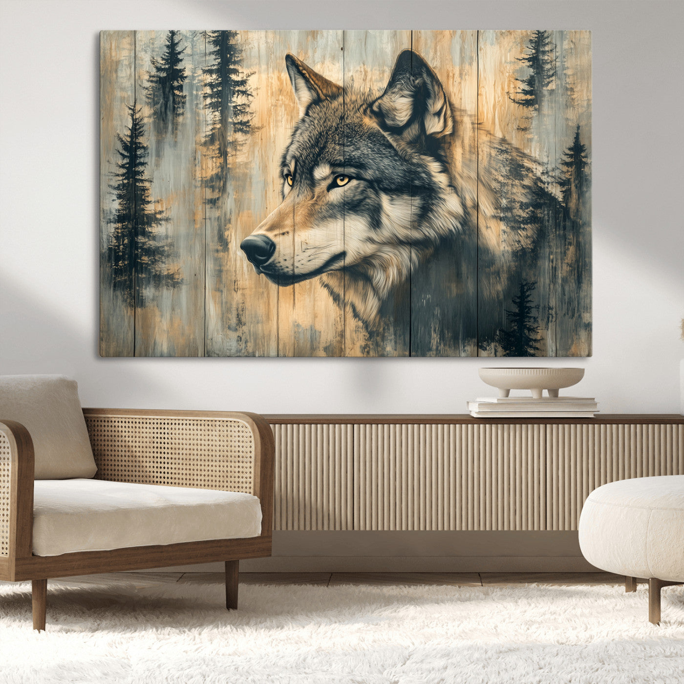 Wood Style Rustic Wolf Wall Art Canvas Print, Vintage