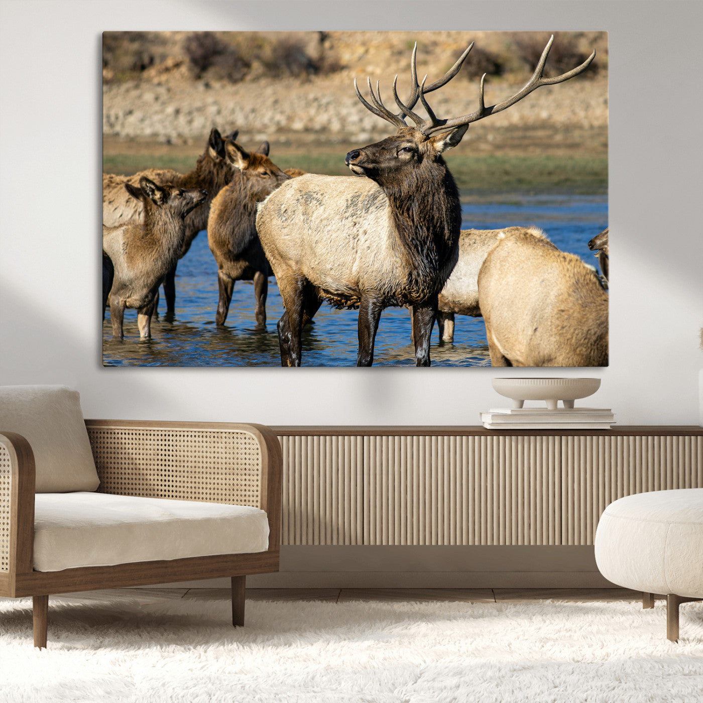 Wild Elk Wall Art Canvas Print – Framed Neutral Wildlife