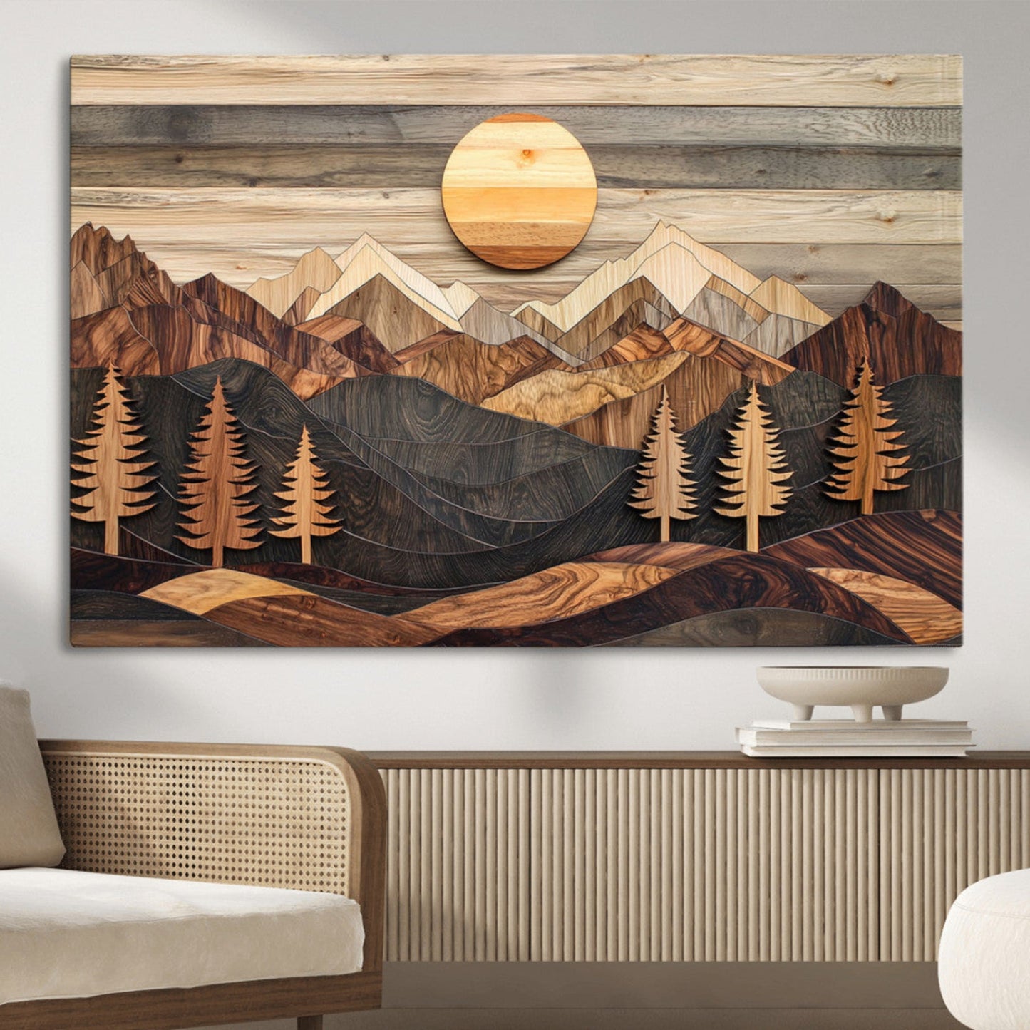 Wooden Mountain Layers Art – Rustic Pine Tree Landscape