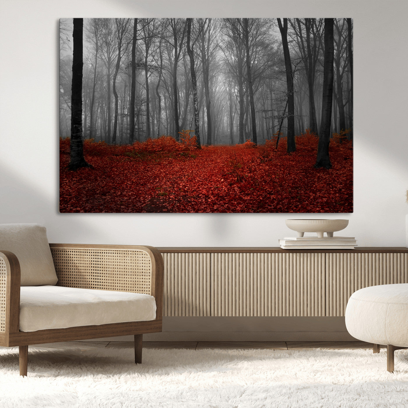 Red Forest Floor Canvas Wall Art – Mystical Foggy Woodland