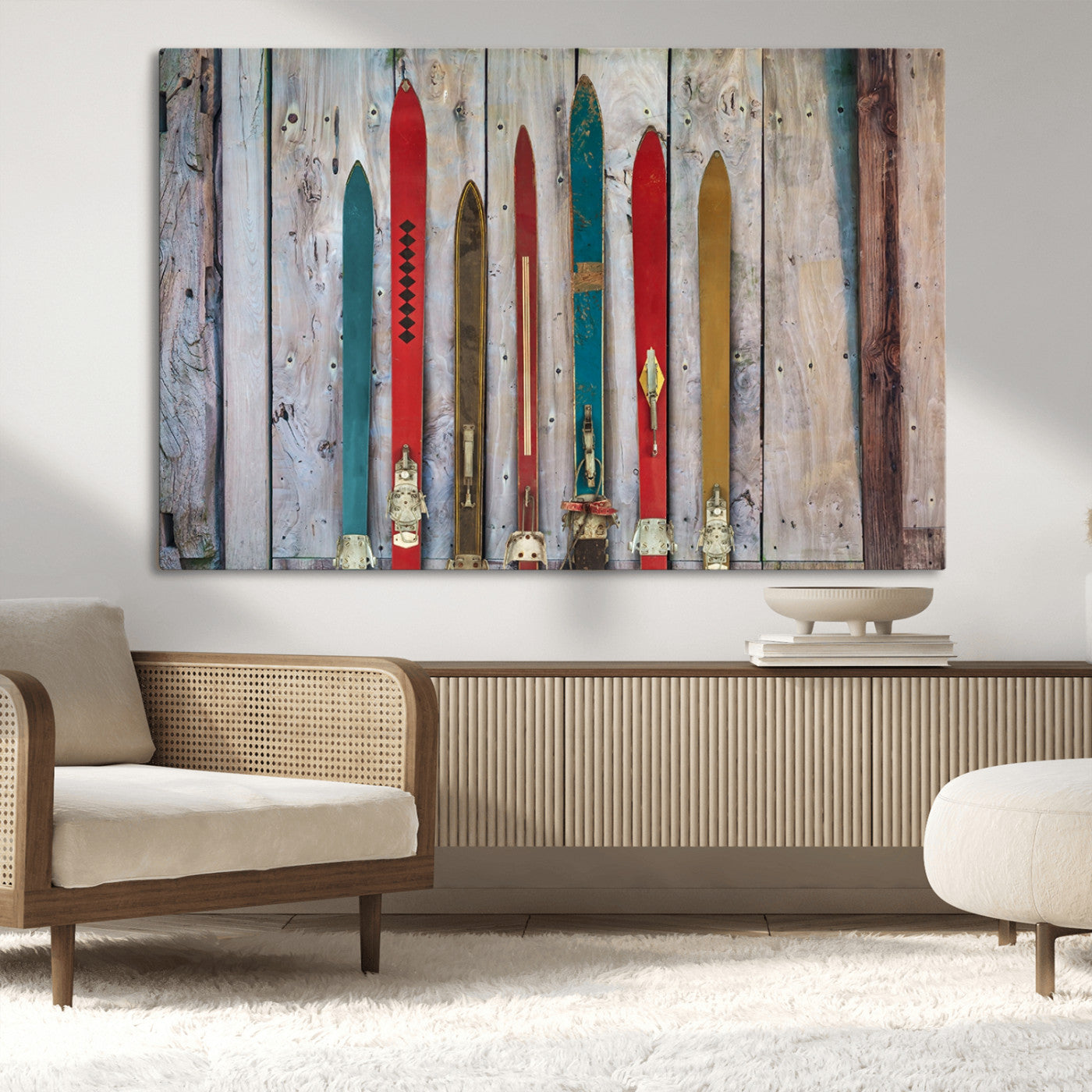 Vintage Wooden Weathered Ski's in Front of an Old Barn Wall