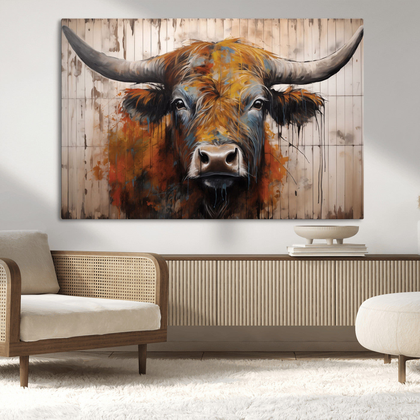 Scottish Highland Cow Cattle Art Print on Wood Style