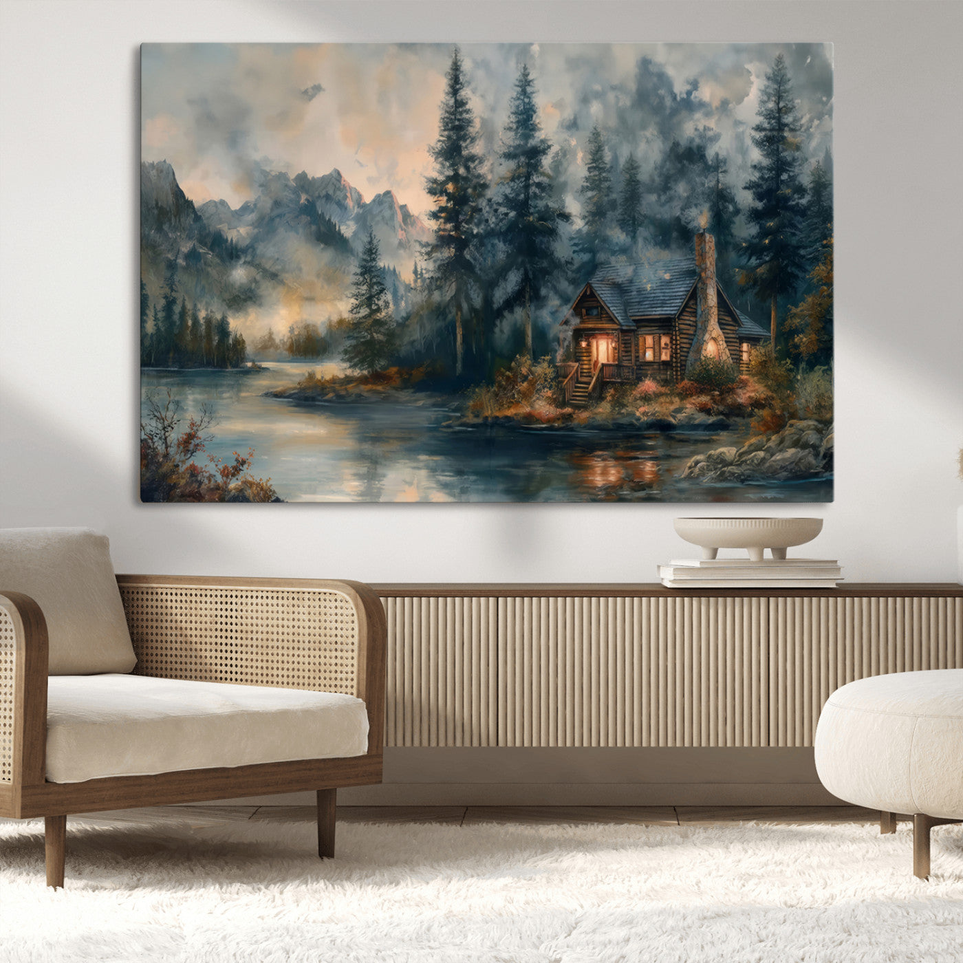 Rustic Cabin Woods Wall Art Print | Lake in a Forest Canvas