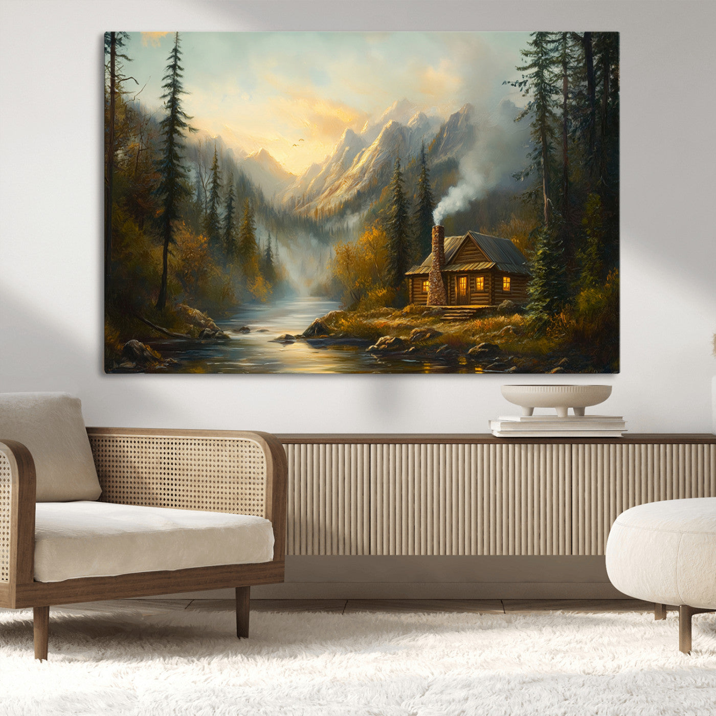 Wood Cabin Retreat Mountain at Sunset Wall Art Print -